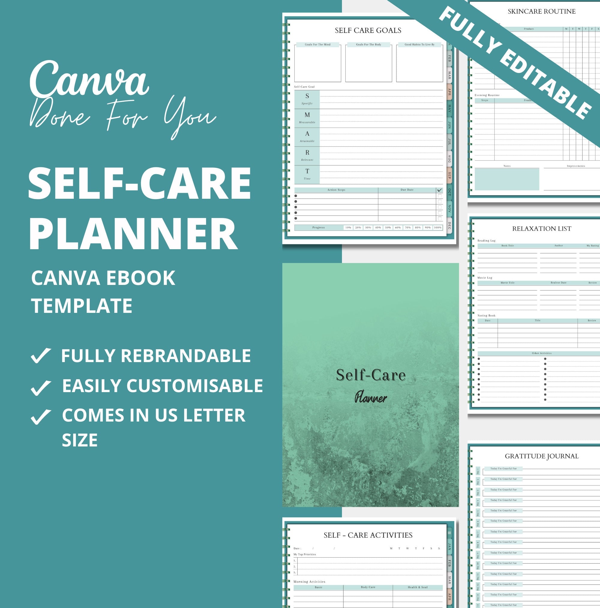 Self-Care Planner Template, PLR Digital Product, Canva Planner Template