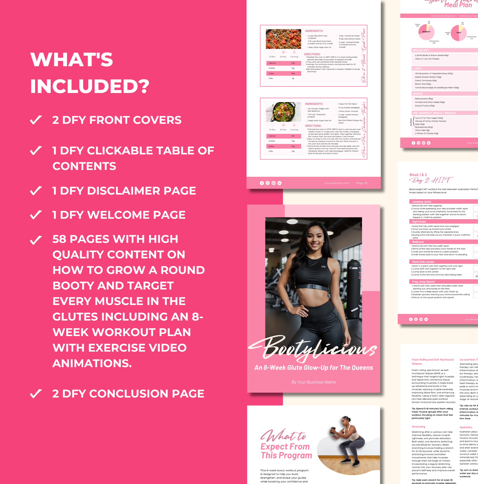 Type of pages included in this Pink 8-Week Bootylicious Workout Program, PLR Digital Product, Canva eBook Template