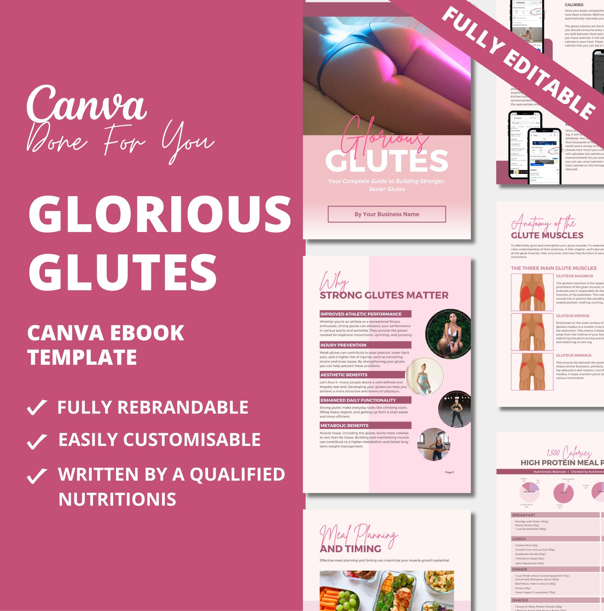 Ultimate Guide to Building Glutes, PLR Digital Product, Canva eBook Template