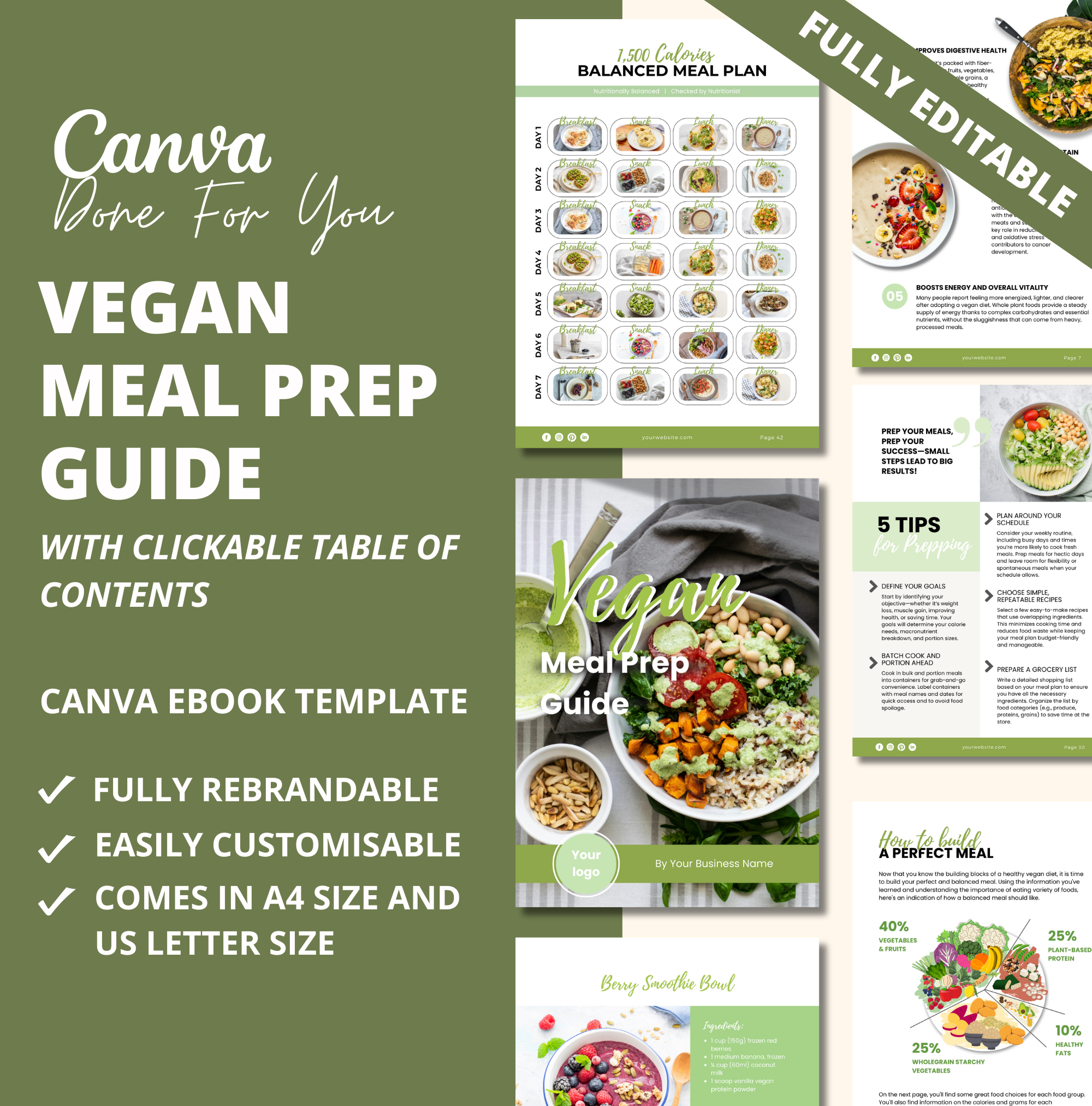 Vegan Meal Prep Guide, Canva eBook Template, PLR Digital Product