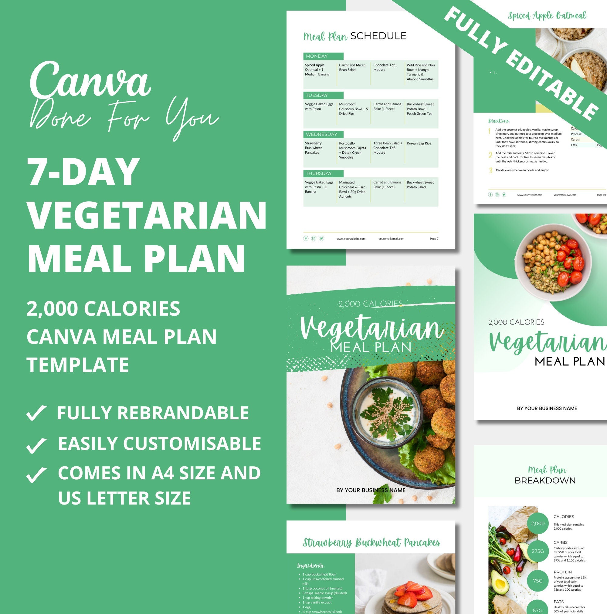 7-day Vegetarian Meal Plan Template, PLR Digital Product, Canva Template