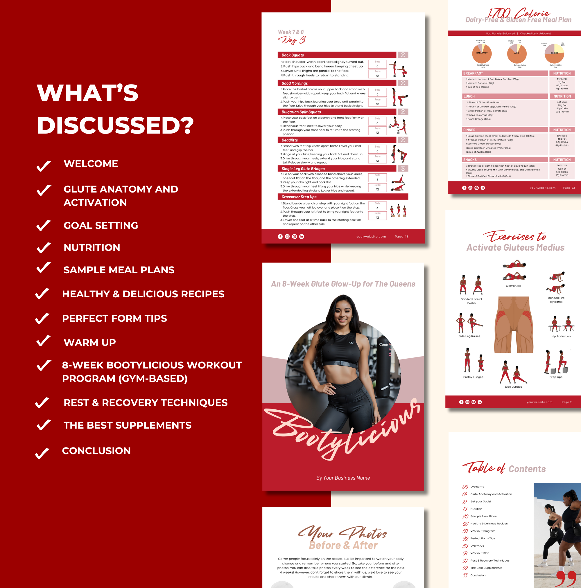 a list of chapters included in this Red 8-Week Bootylicious Workout Program, PLR Digital Product, Canva eBook Template