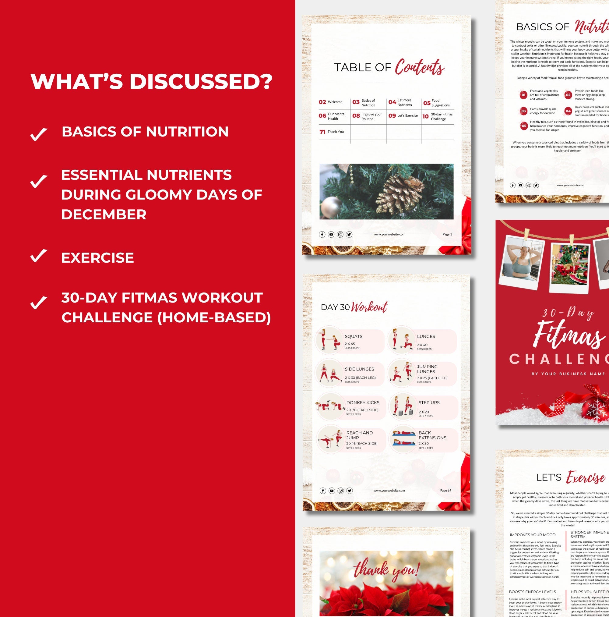chapters and content included with this  christmas workout challenge, PLR digital product