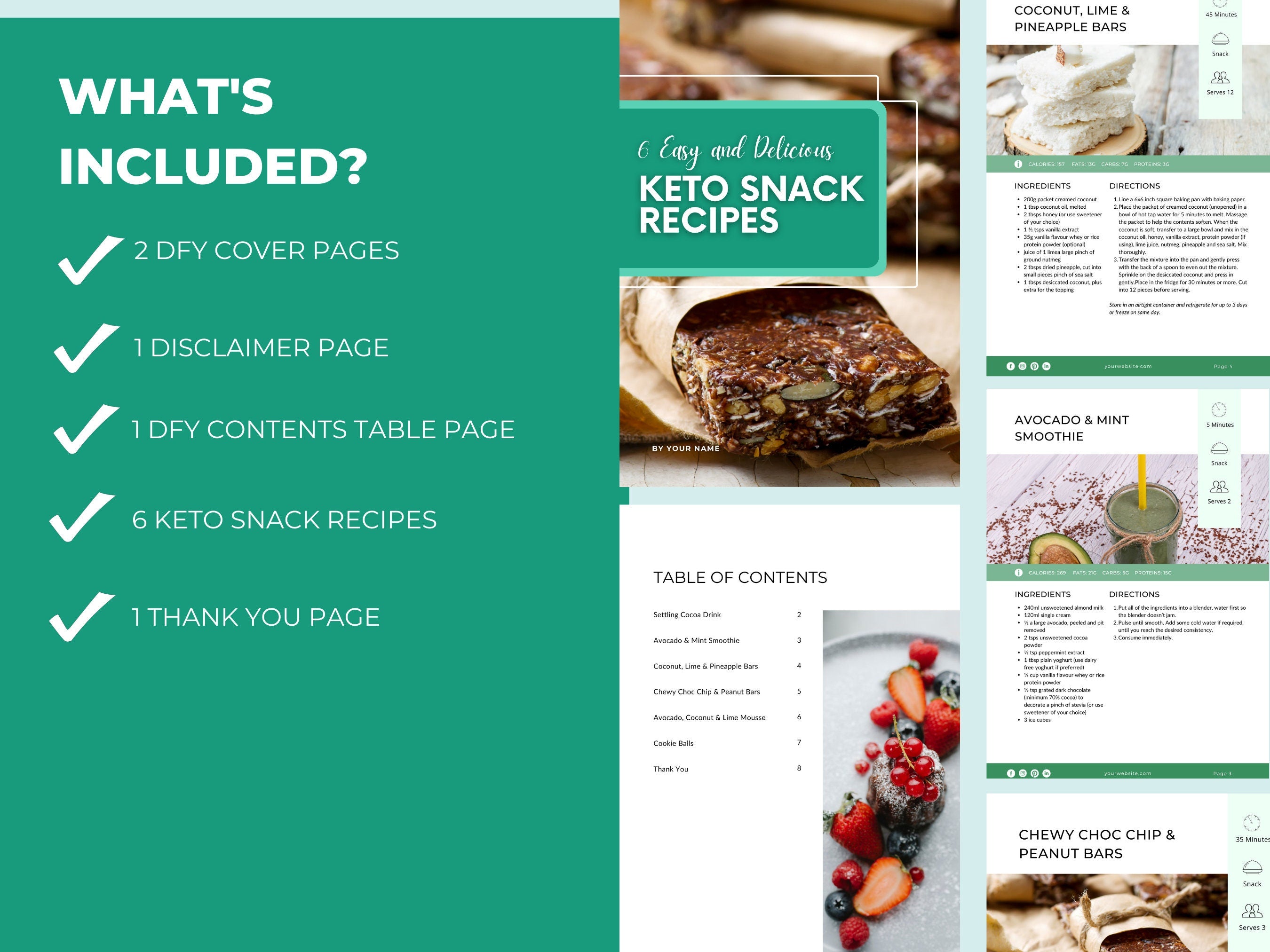 content and pages included with this keto snack cokbook template, PLR digital products