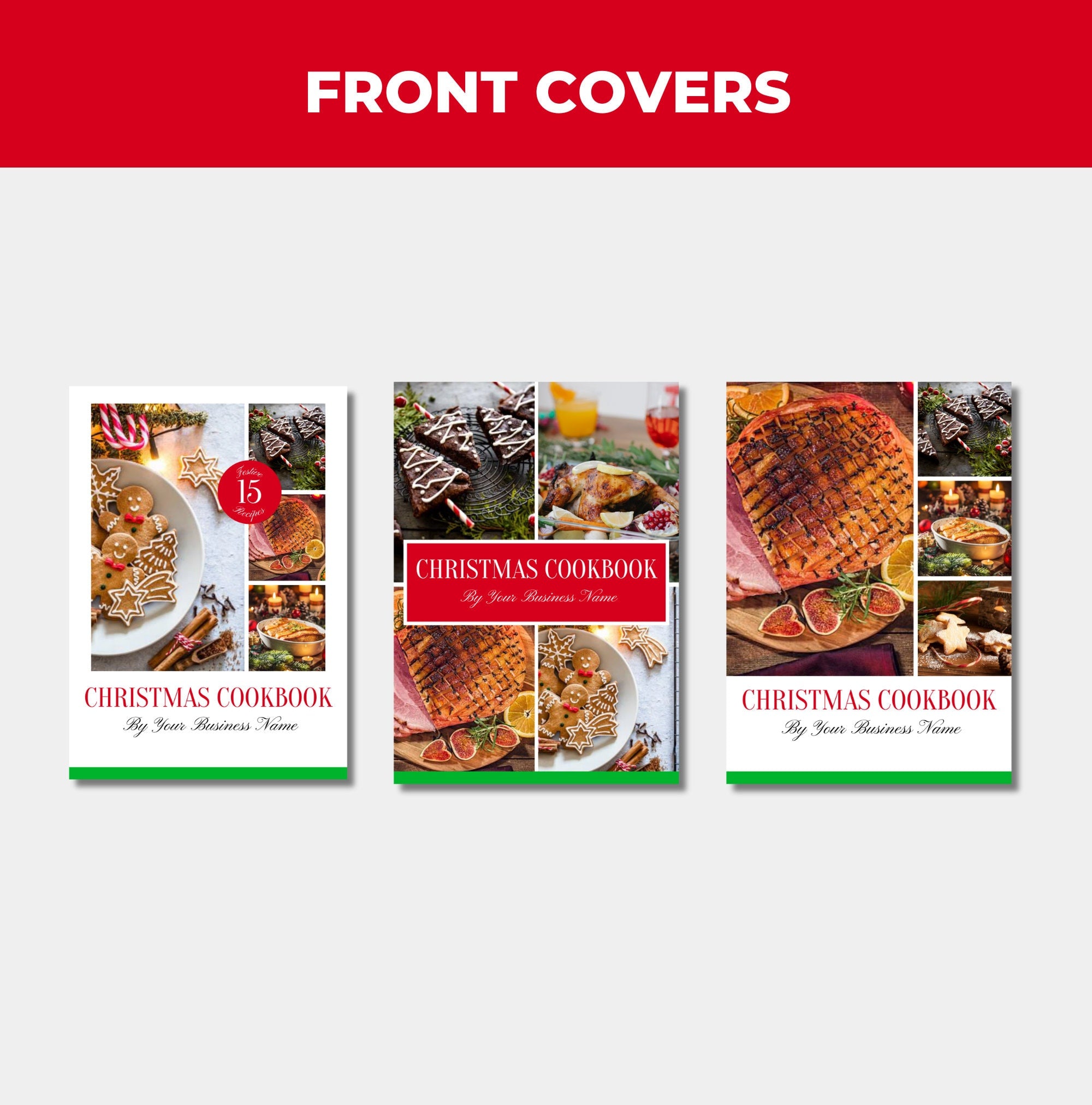 front cover design options included with this christmas cookbook template, plr digital product