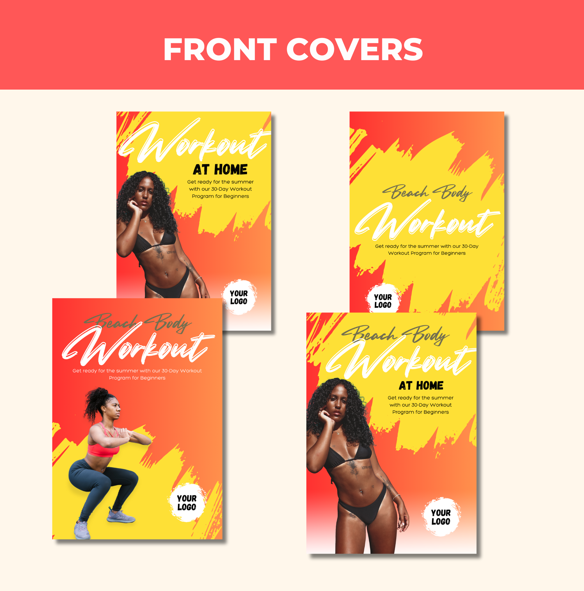 front cover designs included in this 30-Day Home Based Workout Plan, PLR Digital Product, Canva eBook Template