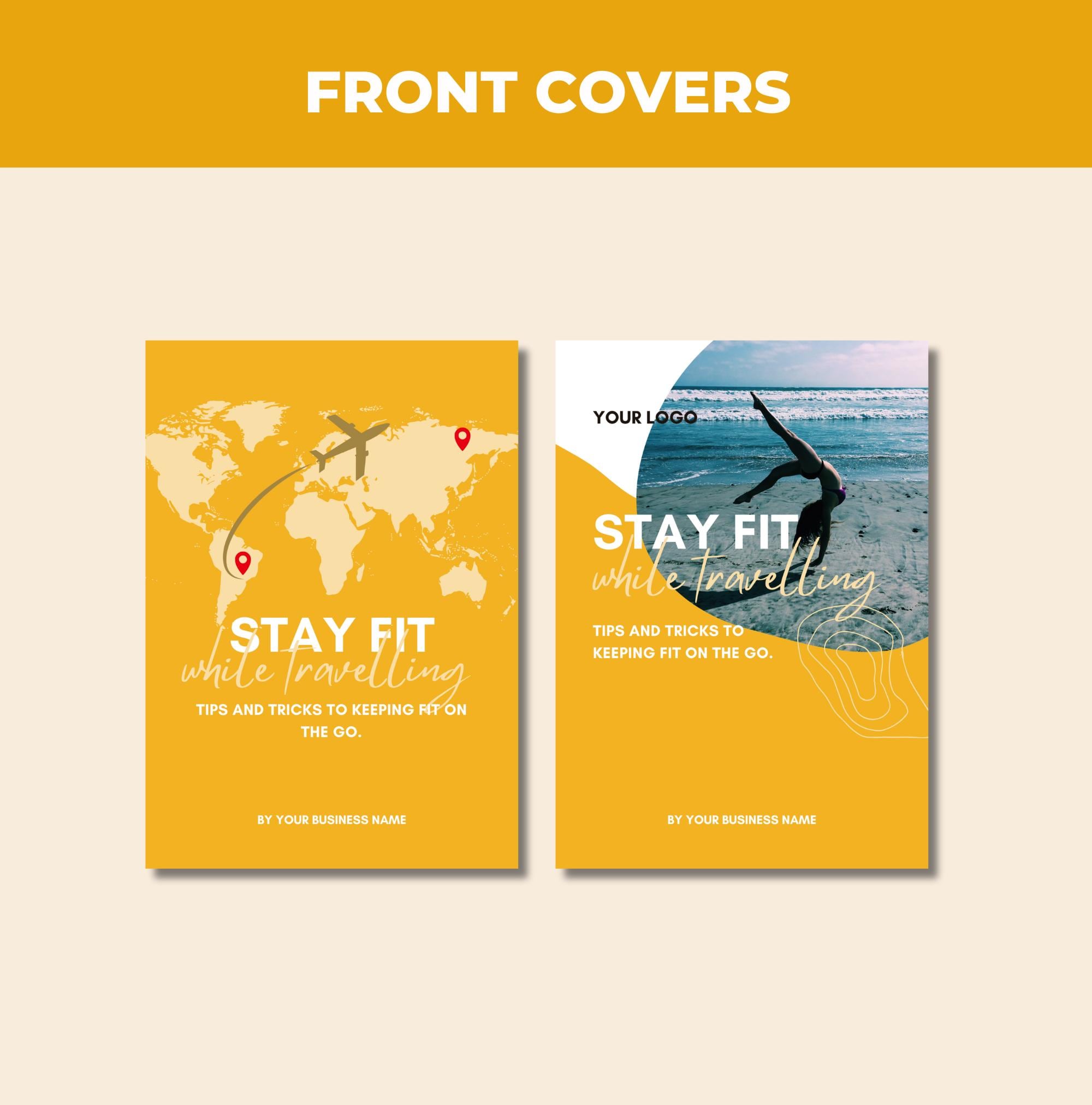 front cover page designs included with this fitness travel guide, Canva eBook template, PLR digital product