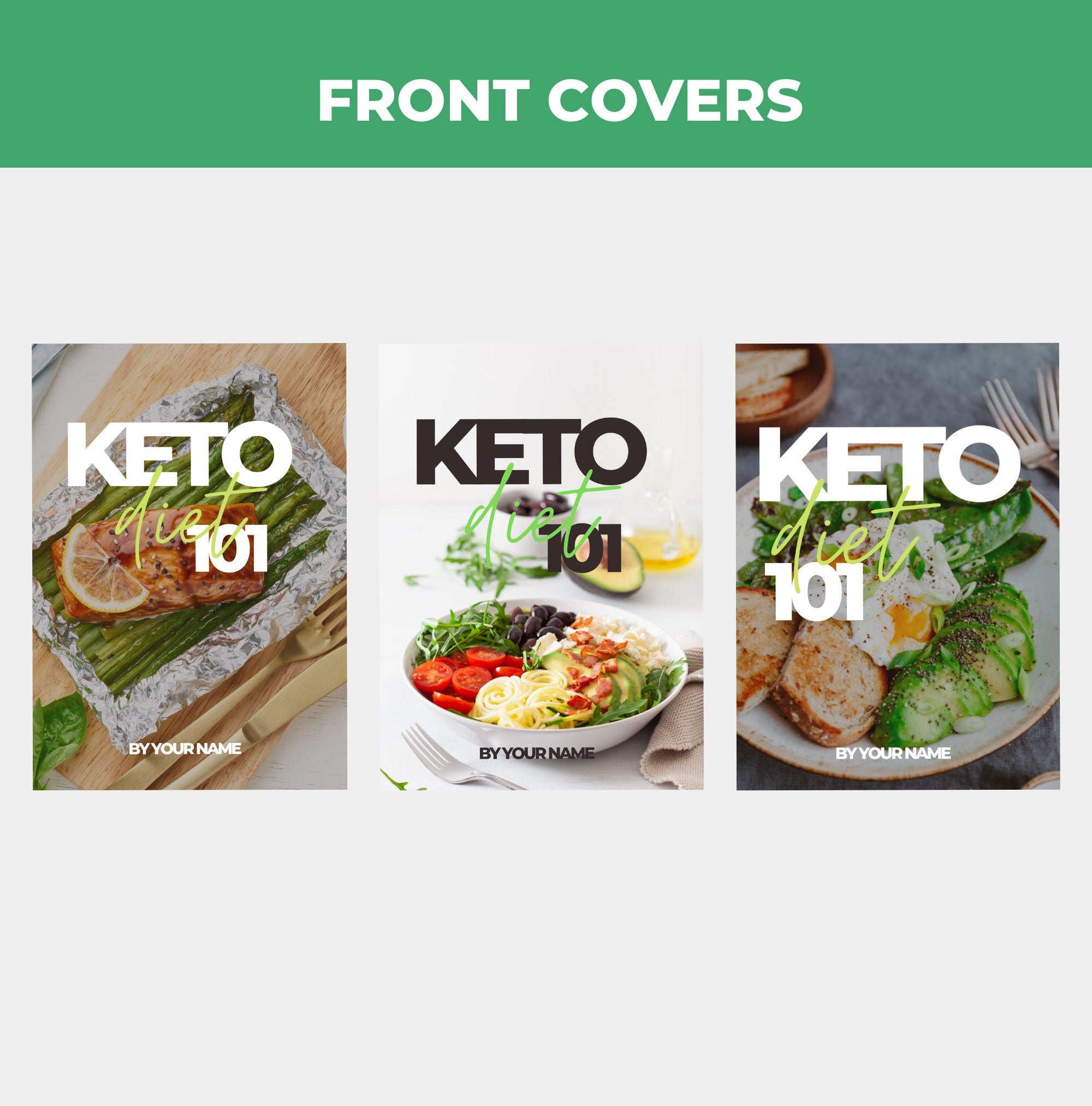 ront cover page options included in this keto diet 101 guide, canva eBook template, PLR digital product