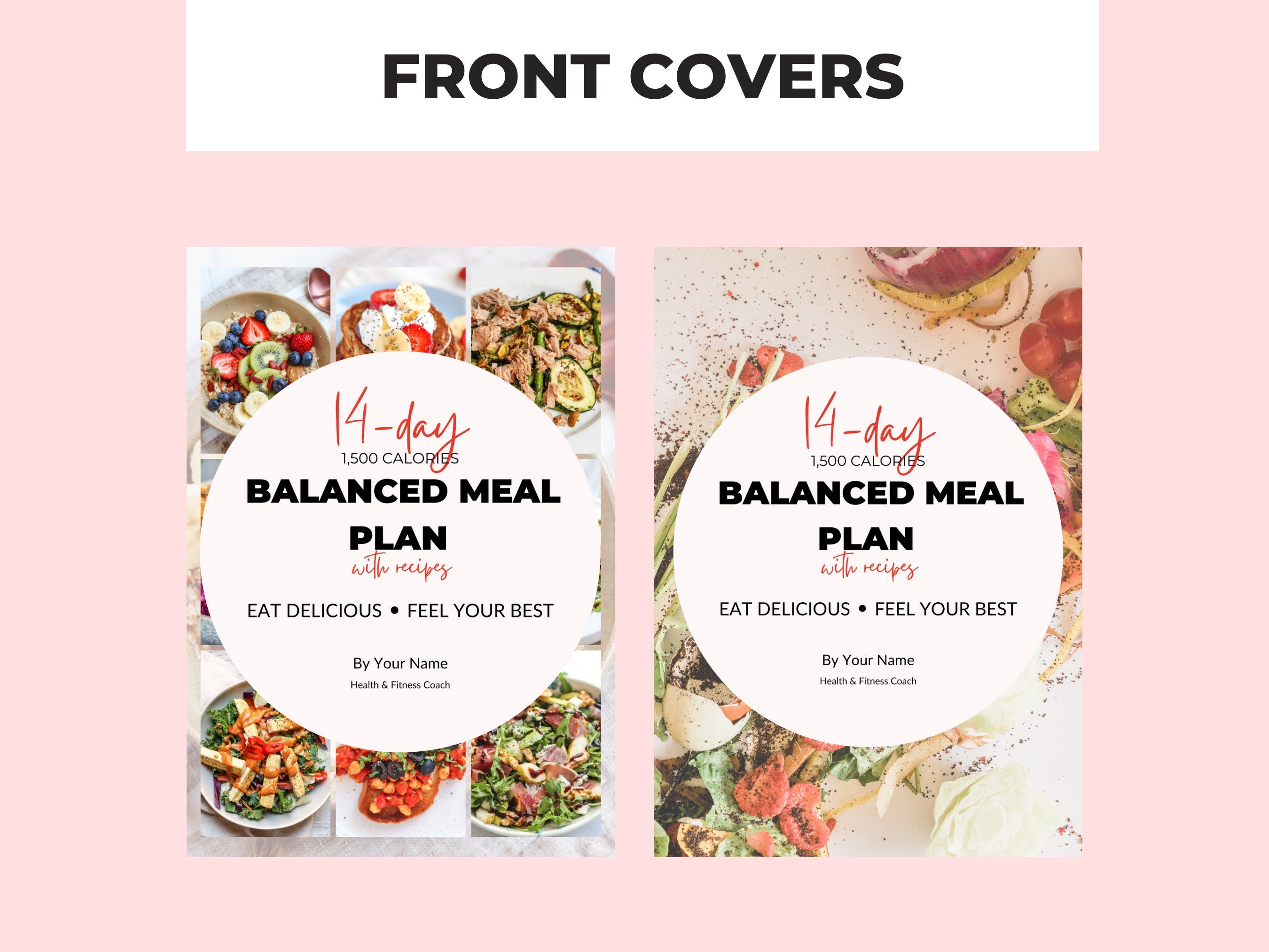 preview of front covers in 14-day Healthy Meal Plan Template, 1,500 calories, PLR Digital Product