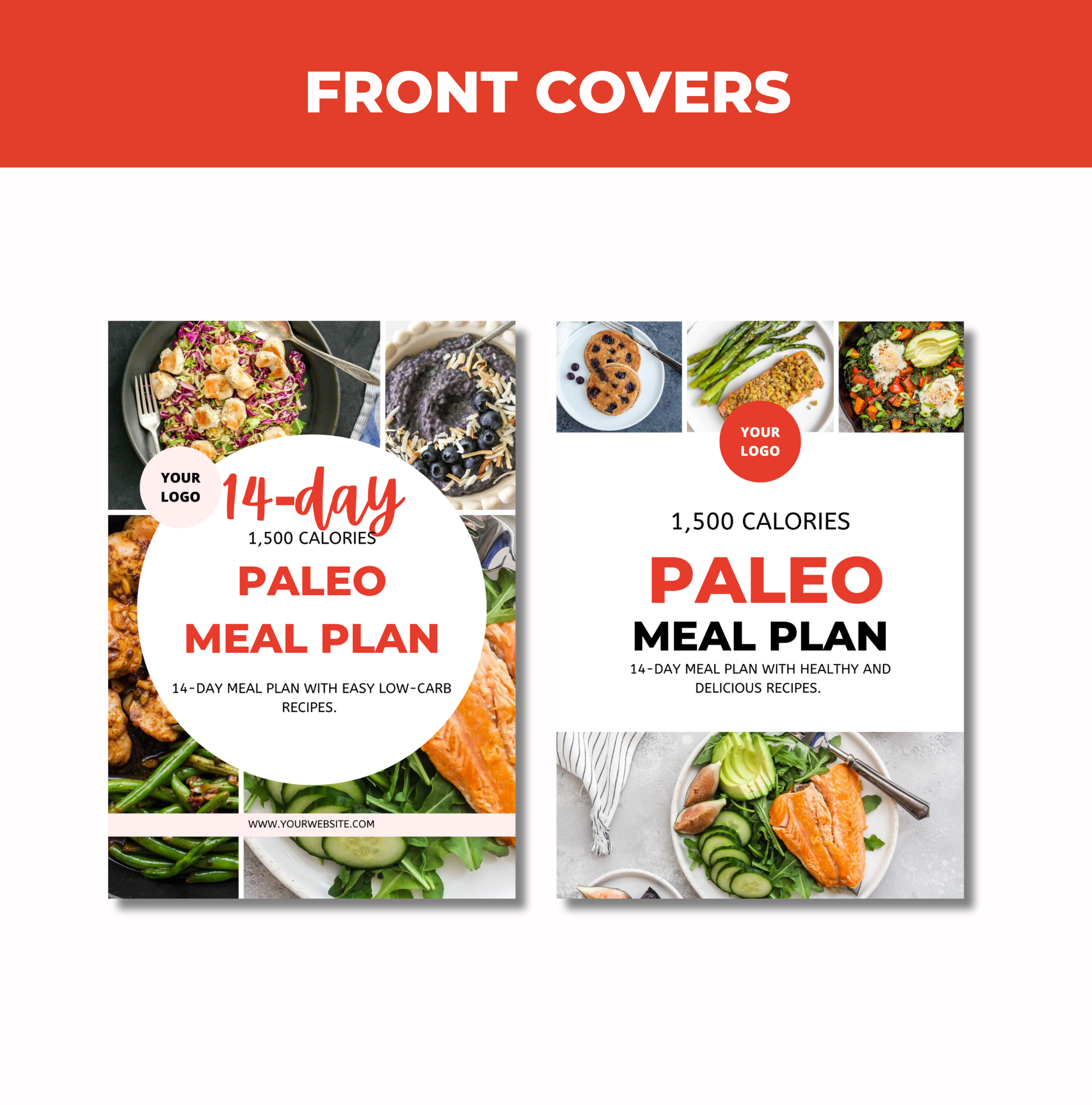 preview of front covers of this paleo meal plan template, 1500 cals
