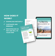 instructions on how to access and edit this stress management 101 guide, canva eBook template, plr digital product