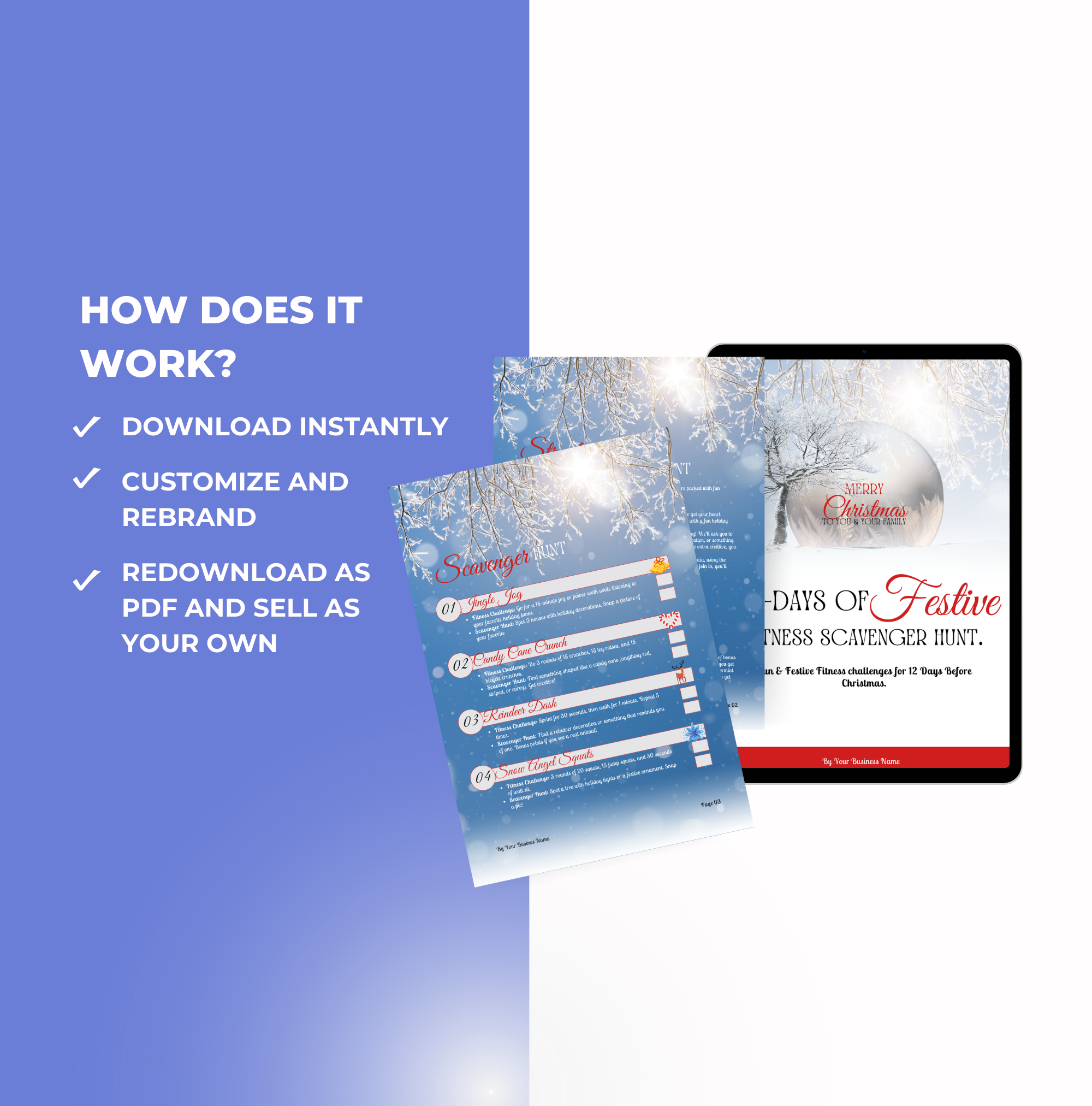 instructions on how it works 12 Days of Festive Fitness Scavenger Hunt, Canva eBook Template, PLR Digital Product