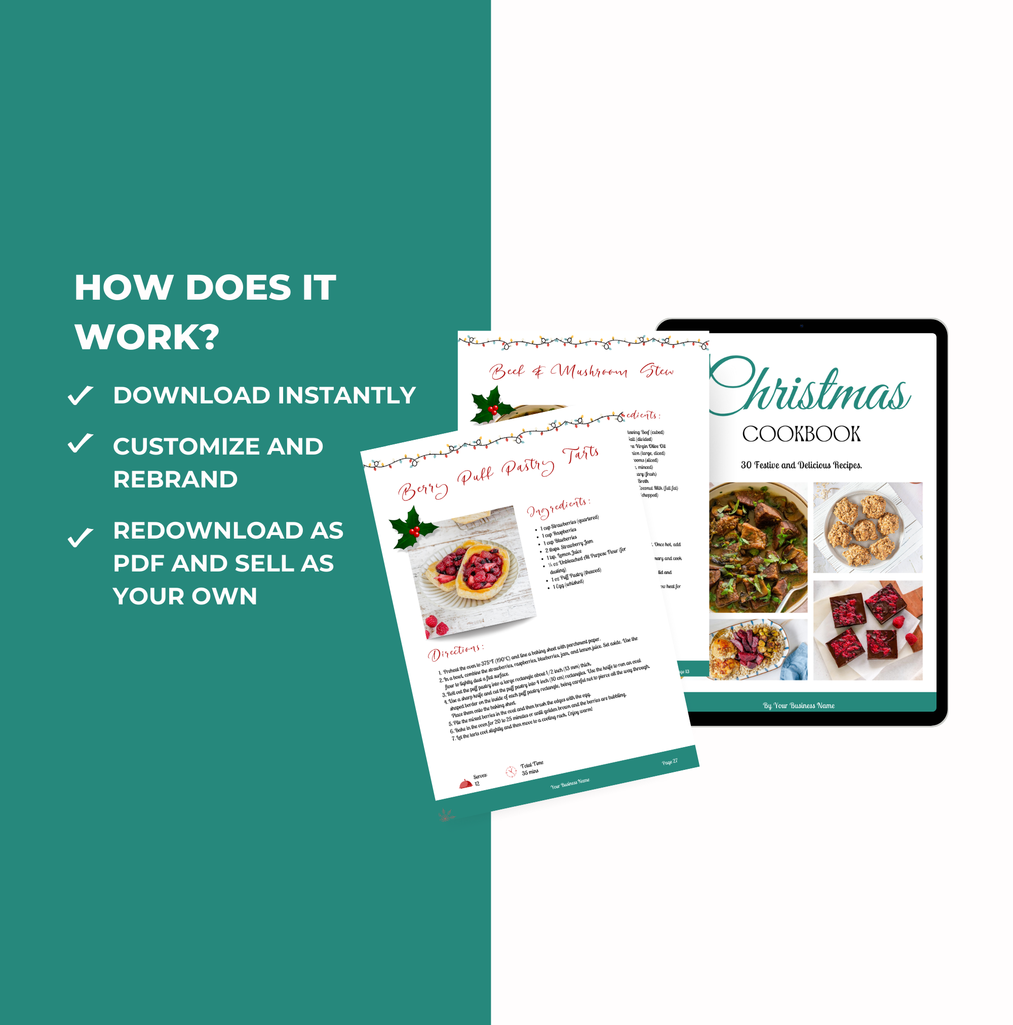 instructions on how it works and how to access the christmas cookbook template, PLR digital product