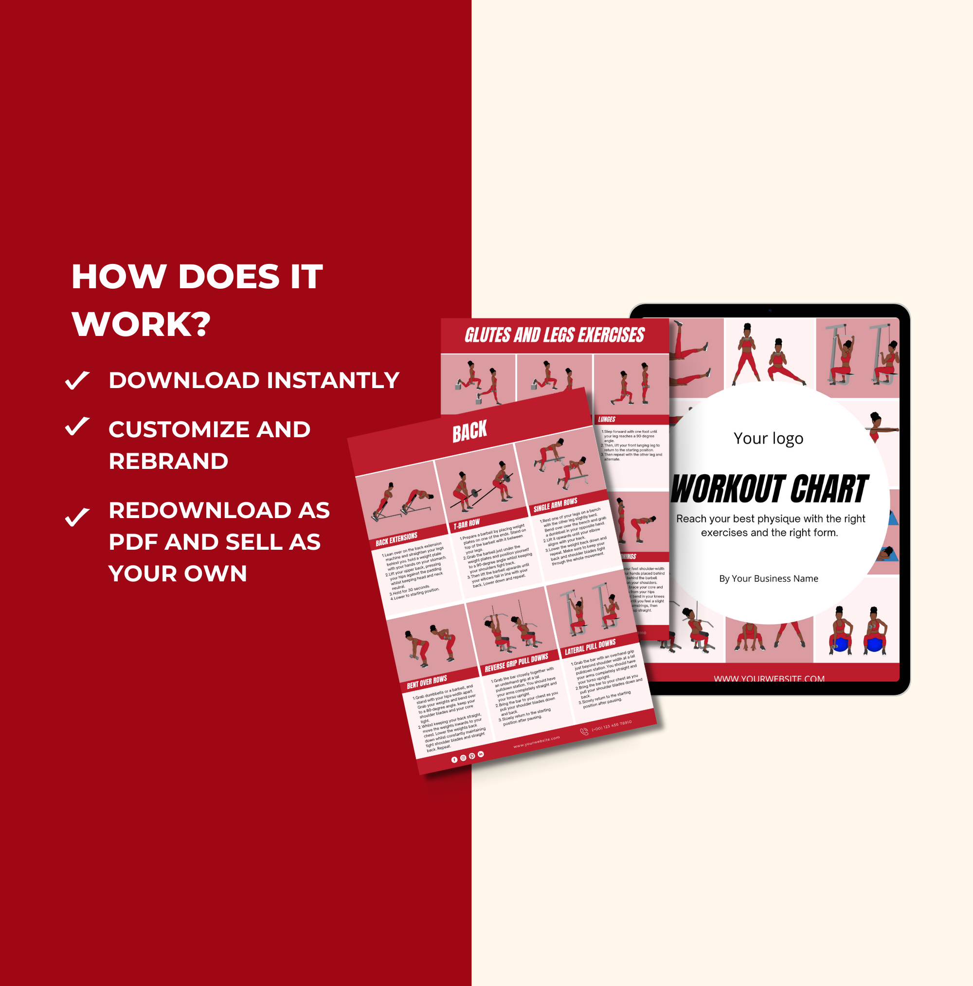 instructions on how to access Workout Chart, Canva eBook Template, PLR Digital Product