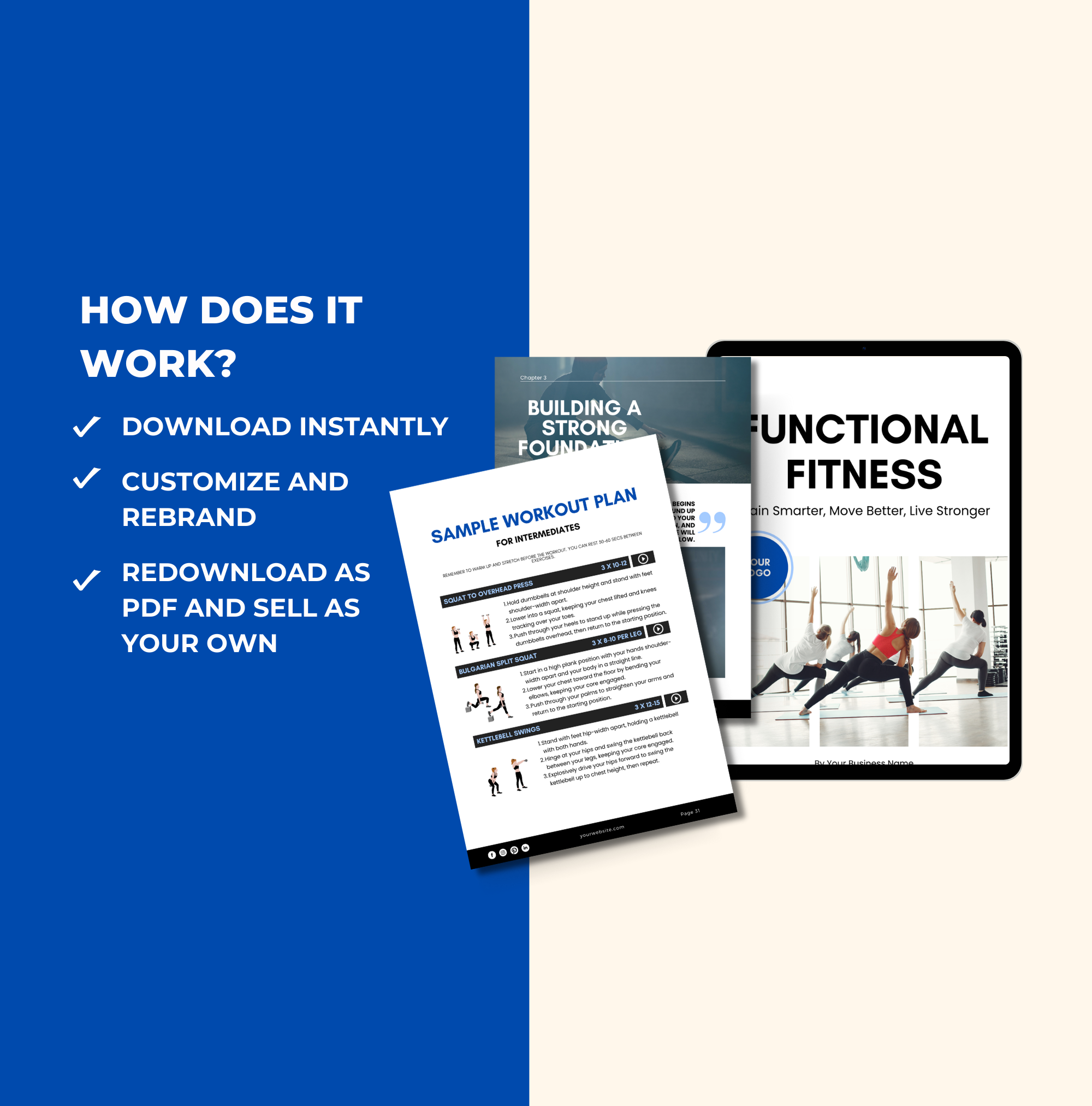 instructions on how to access the Functional Fitness Guide, Canva eBook Template, PLR Digital Product