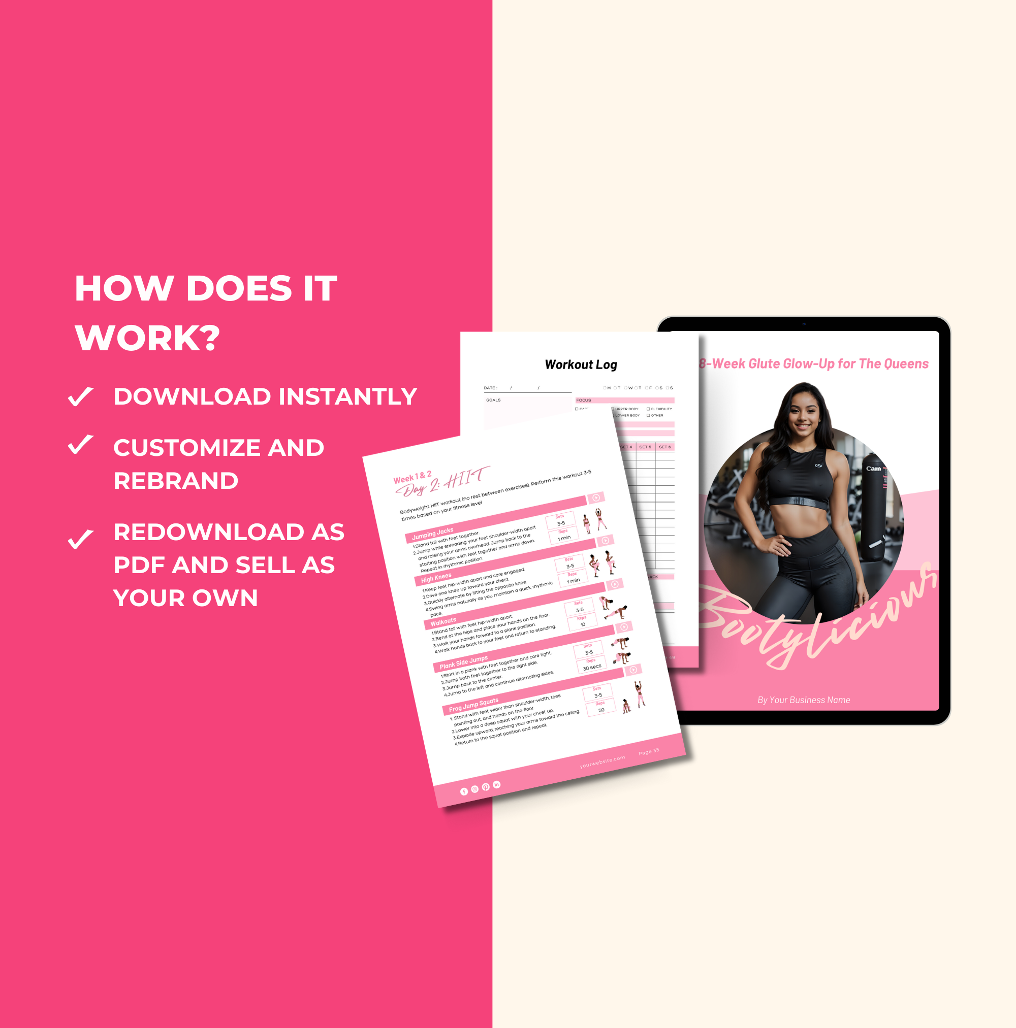 instructions on how to access the Pink 8-Week Bootylicious Workout Program, PLR Digital Product, Canva eBook Template