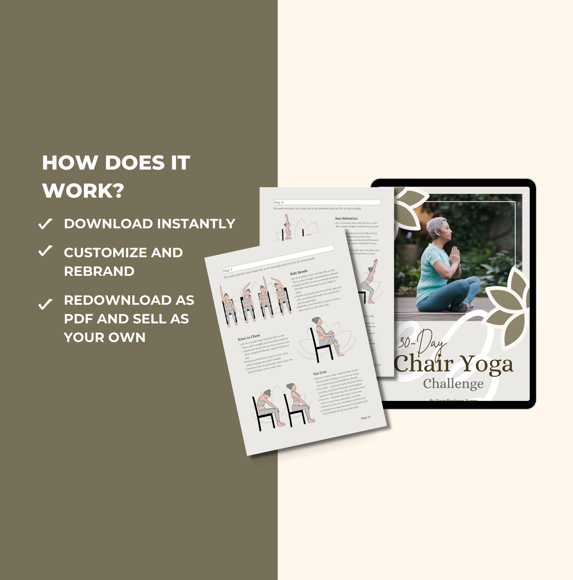instructions on how to access this 30-Day Chair Yoga Challenge, Canva eBook Template, PLR Digital Product-