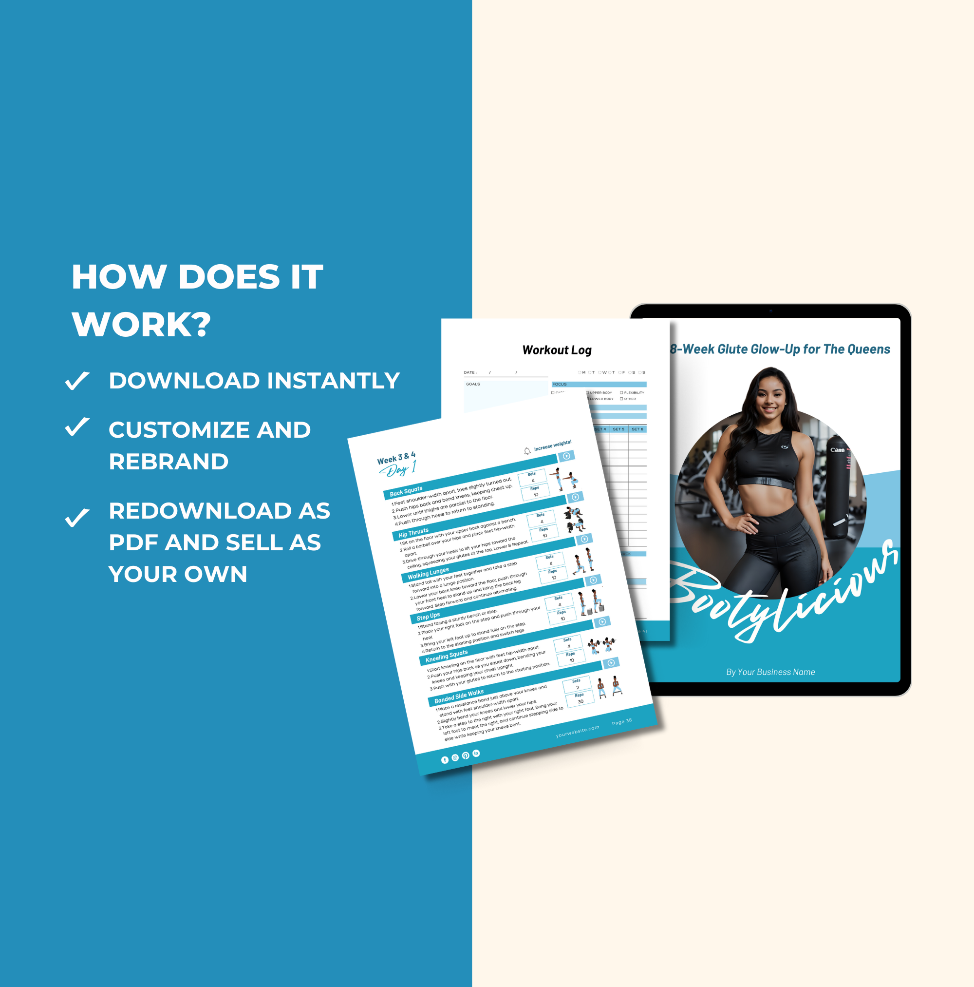 instructions on how to access this blue list of pages that are included in this blue 8-Week Bootylicious Workout Program, PLR Digital Product, Canva eBook Template