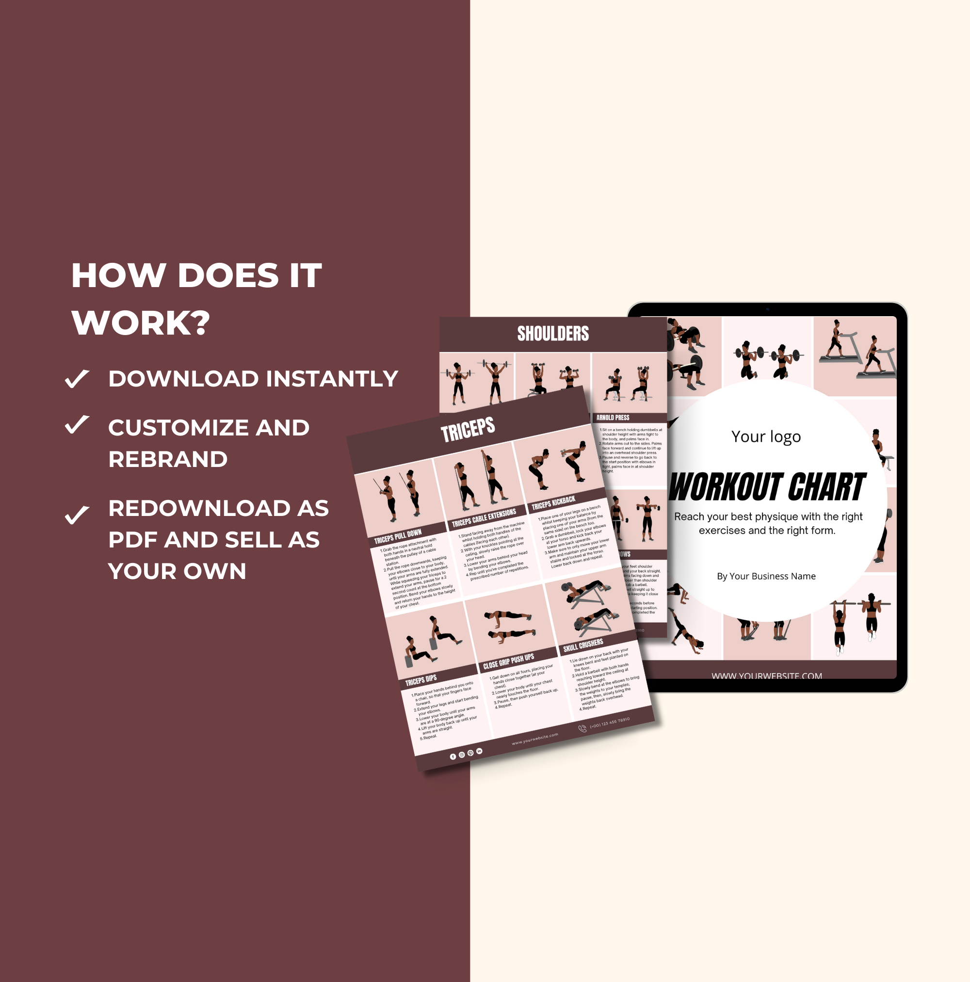 instructions on ow to access Brown Workout Chart, Canva eBook Template, PLR Digital Product