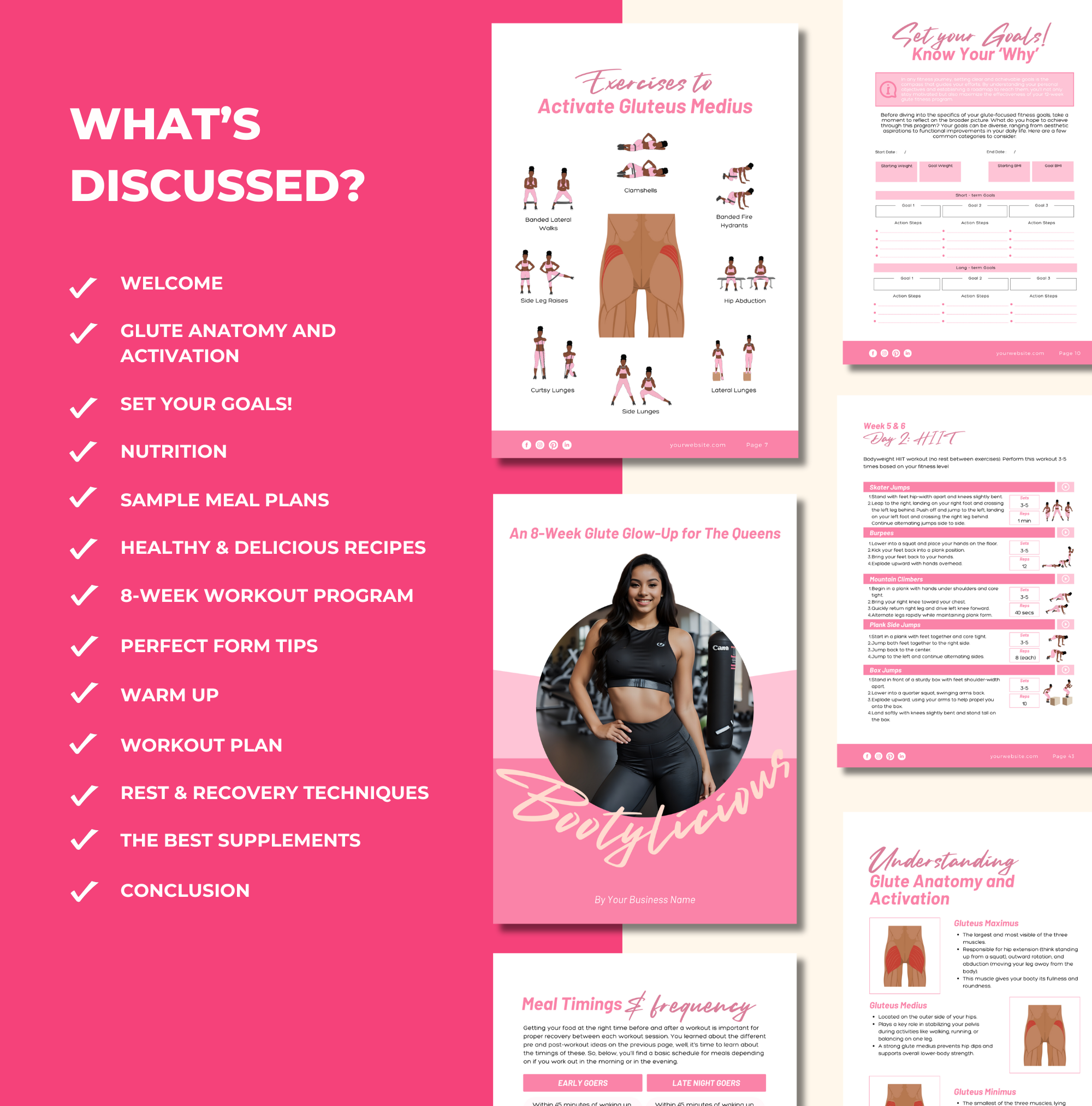 list of chapters discussed in this Pink 8-Week Bootylicious Workout Program, PLR Digital Product, Canva eBook Template