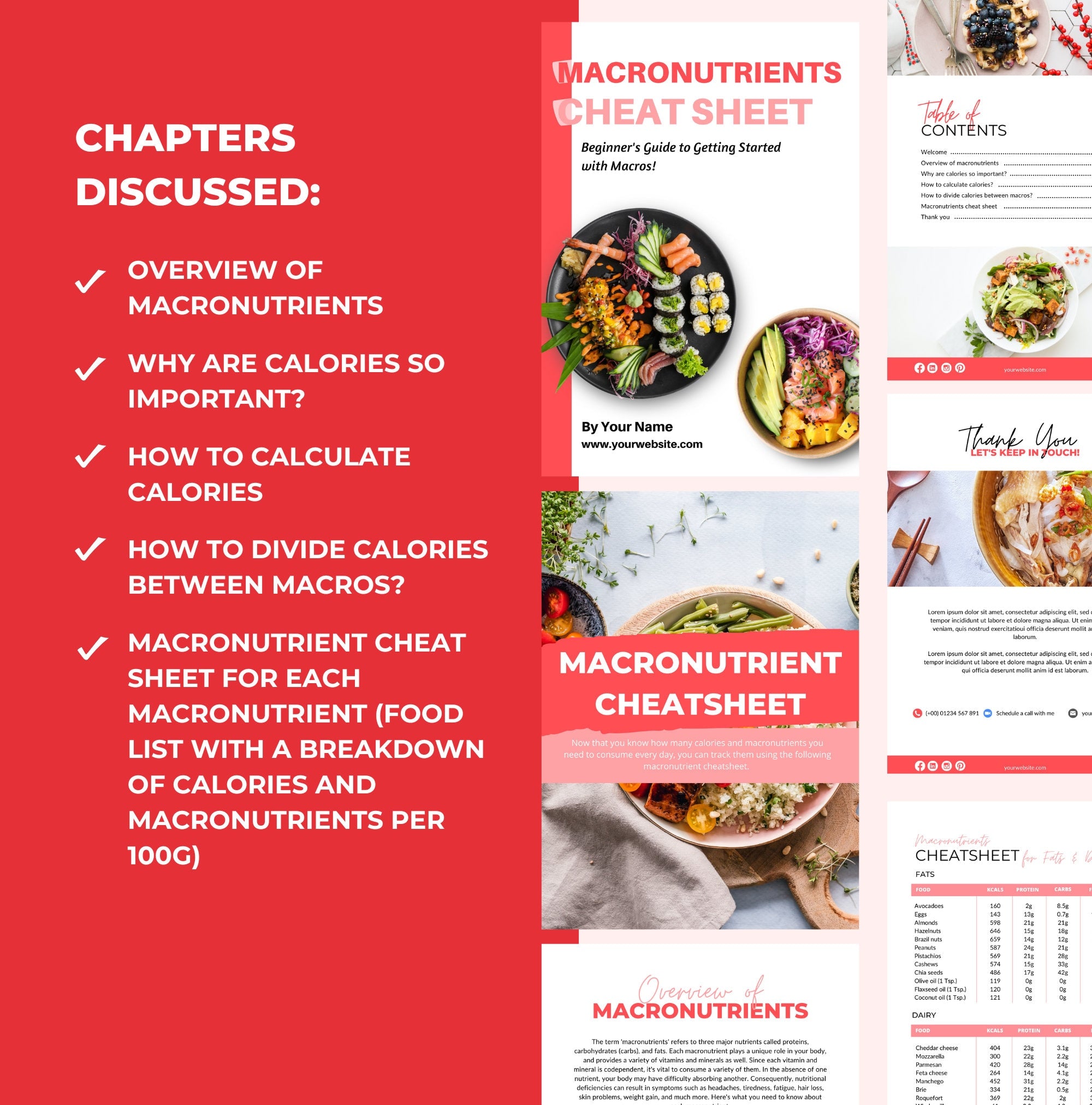 list of chapters included in this macronutrient cheat sheet, canva eBook template, PLR digital product