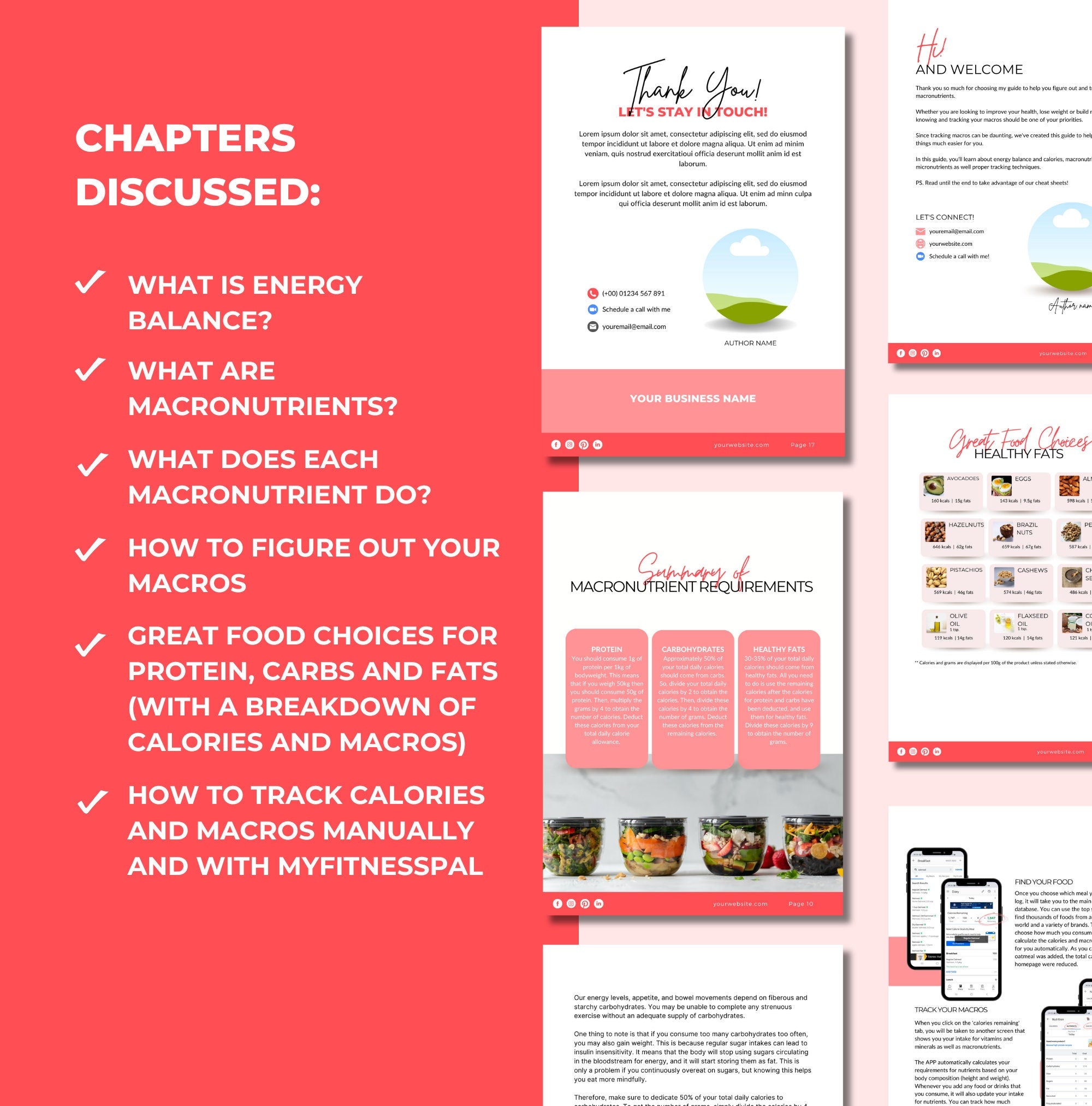 list of chapters included in this macronutrient tracking guide, Canva eBook template, PLR digital product