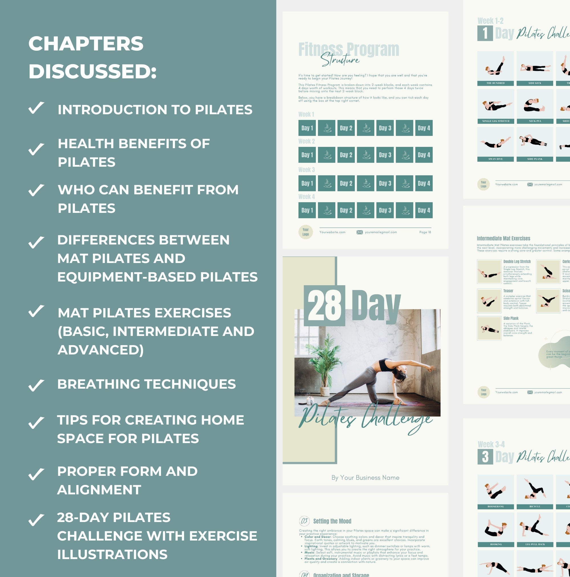 list of chapters included in this pilates challenge, PLR digital product