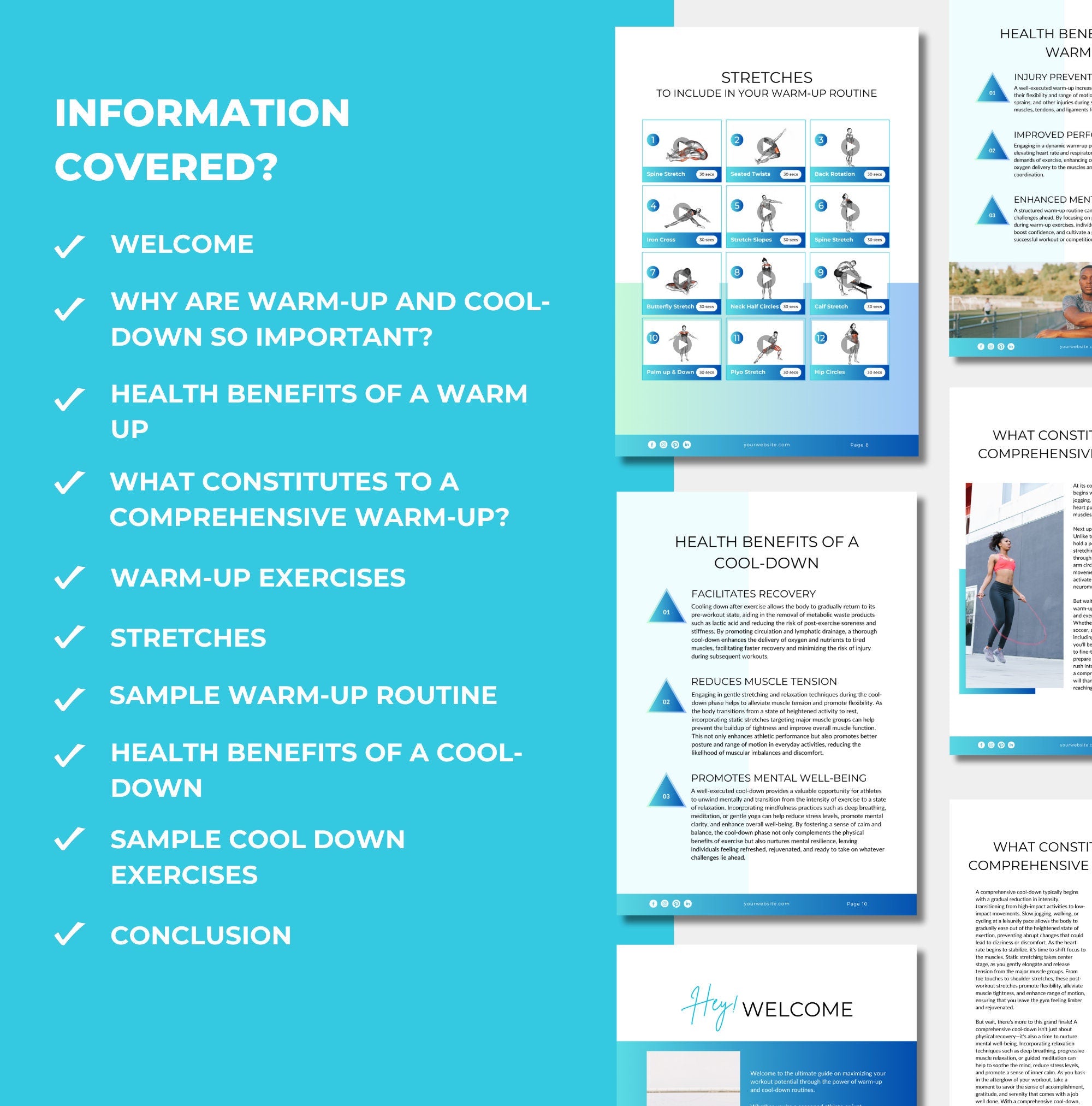 list of chapters included in this warm up and cool down guide, Canva eBook template, PLR digital product
