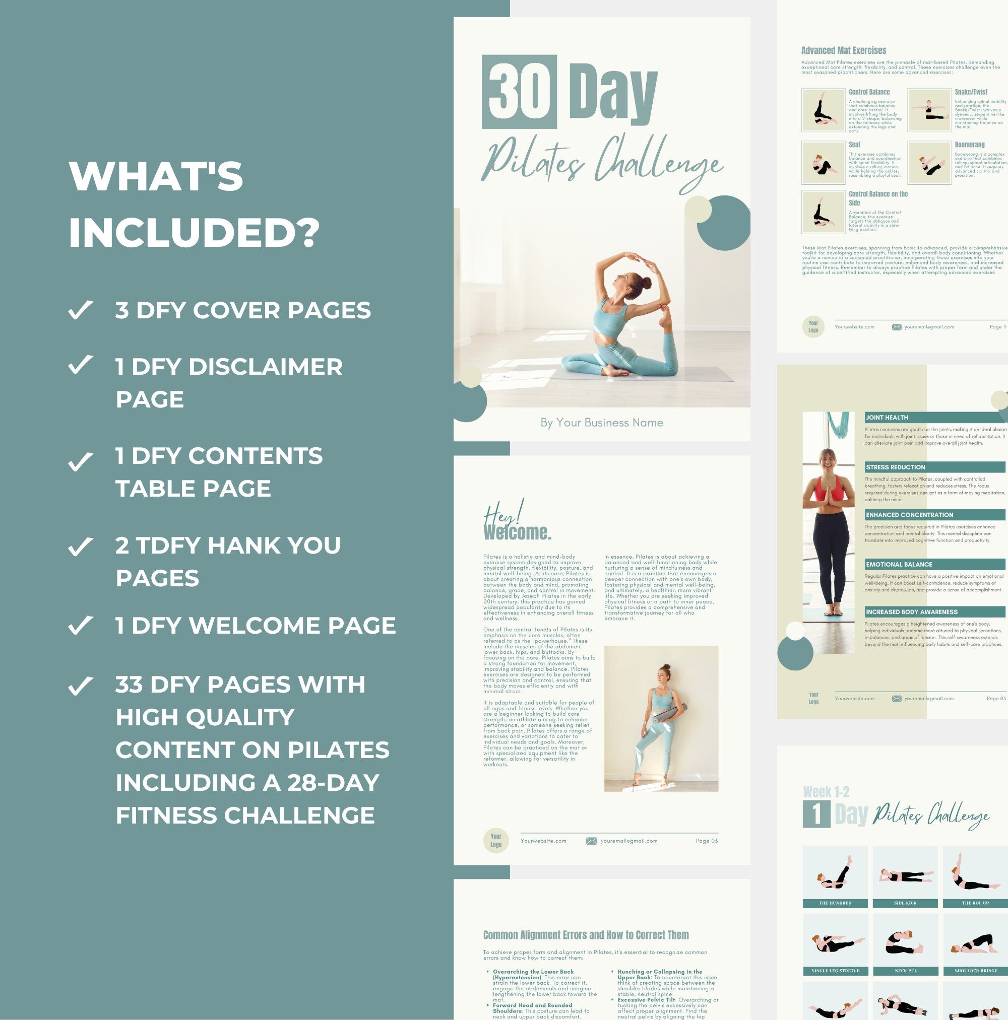 list of content pages included with this pilates challenge, PLR digital product