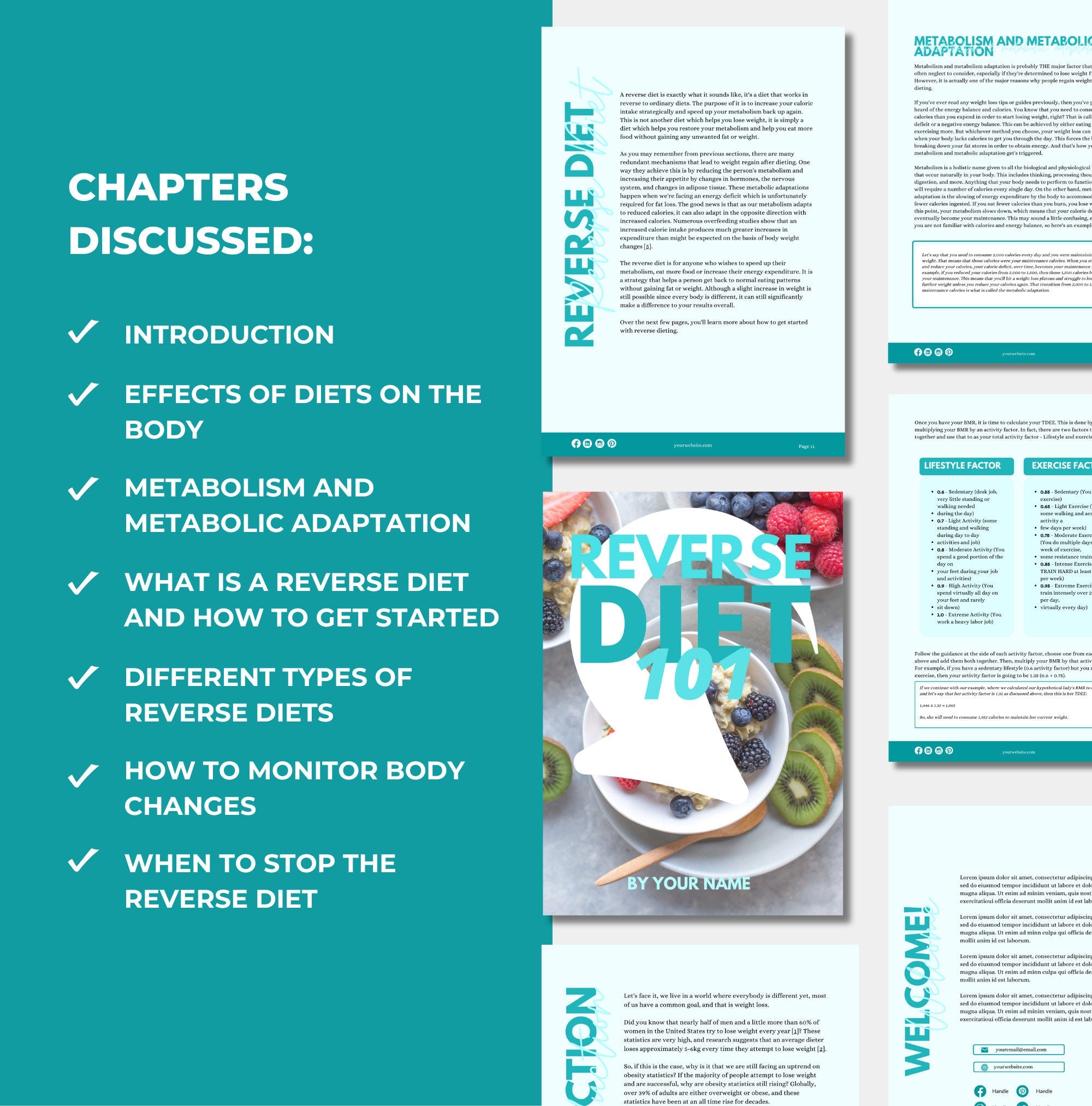 list of done-for-you chapters included in this reverse diet 101 guide, canva eBook template, PLR digital product