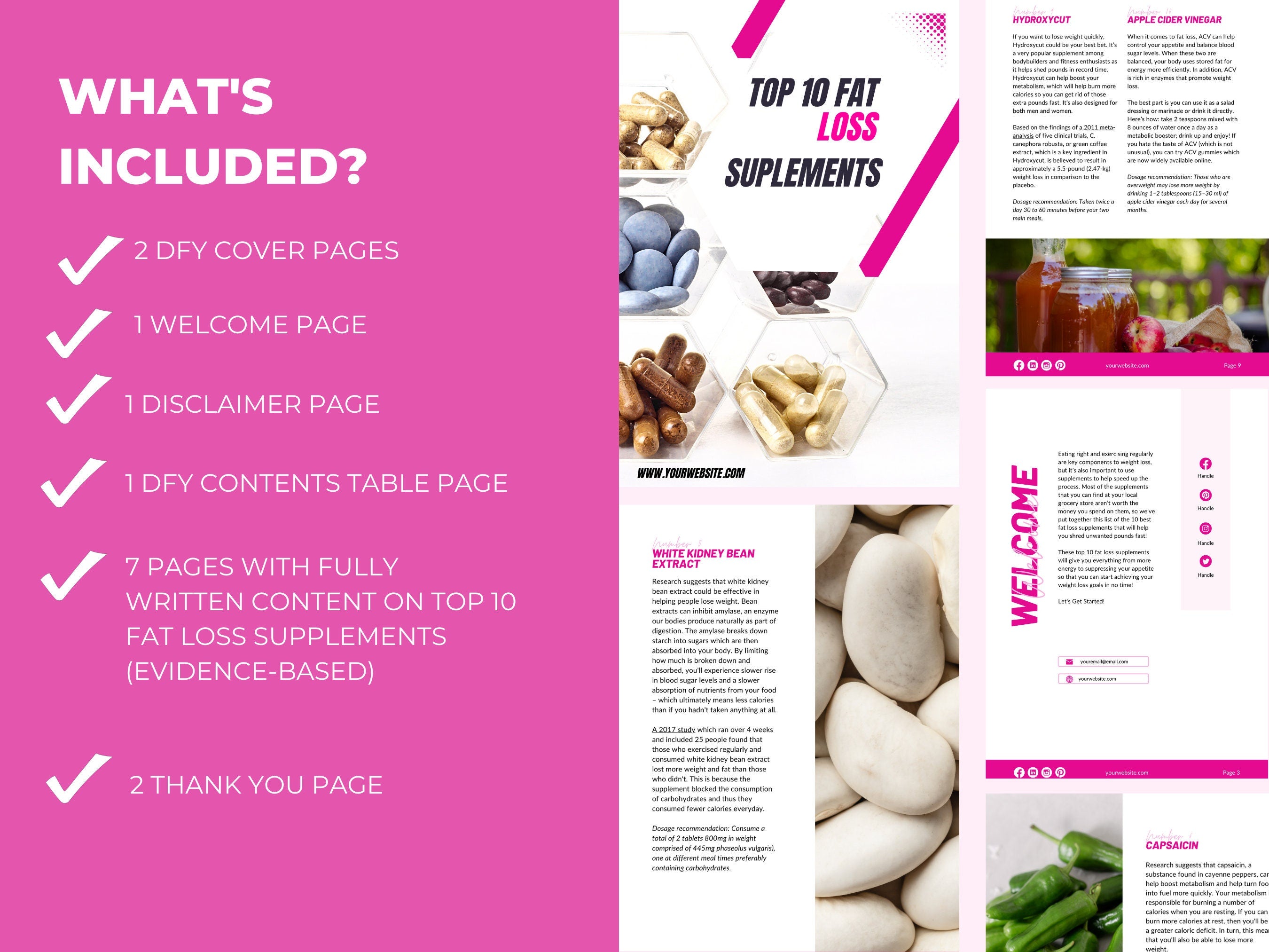 list of pages and content included in this 10 fat loss supplement guide, PLR digital product, canva eBook template