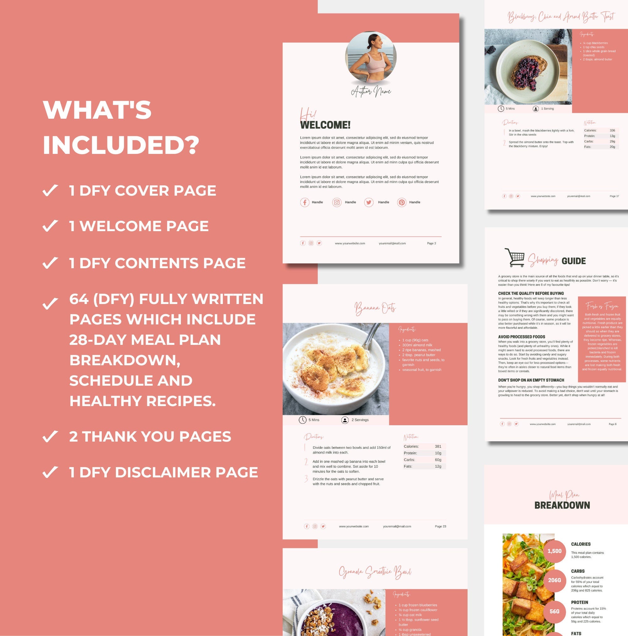list of pages and content included with this meal plan template, PLR digital product
