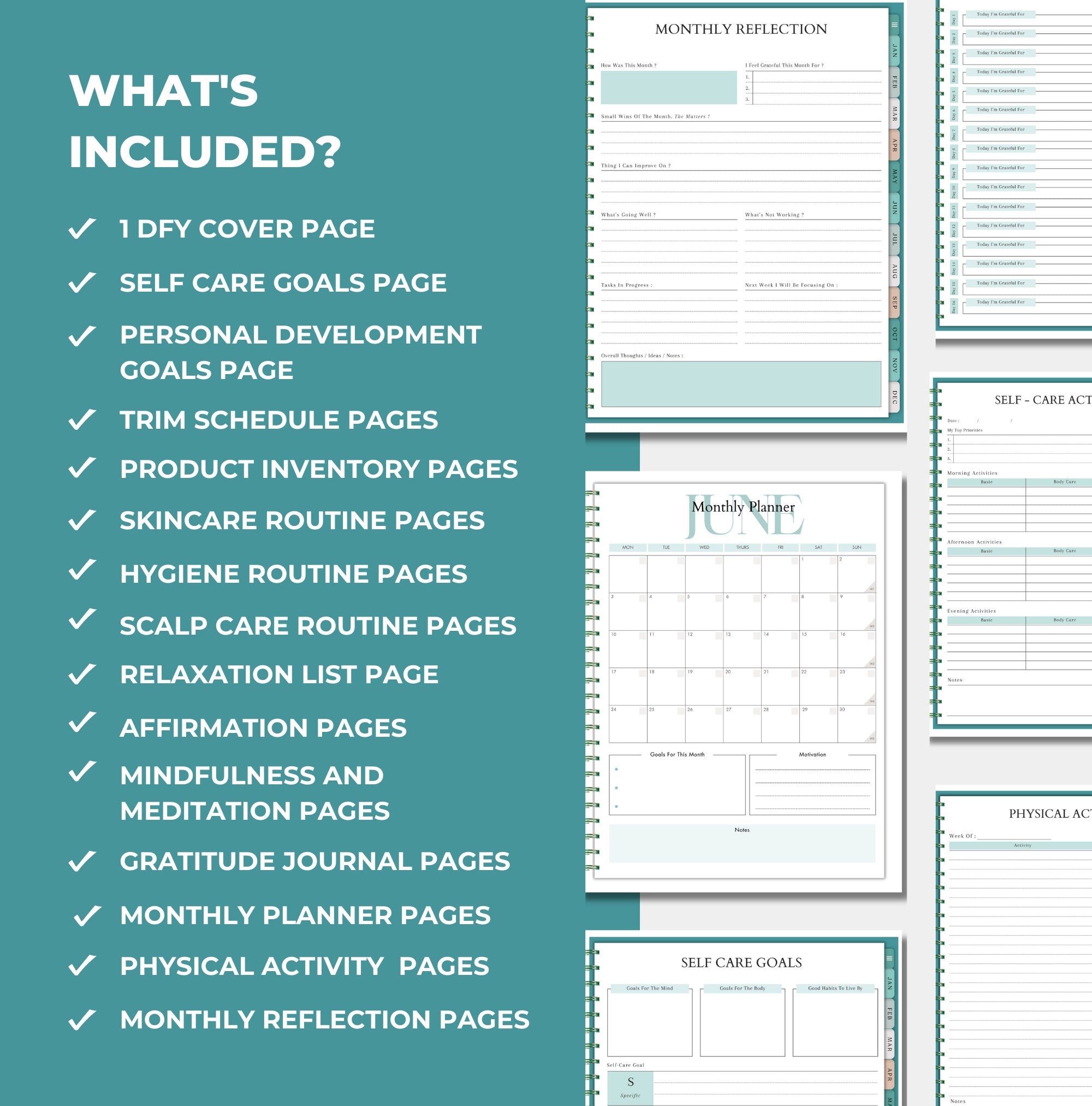 list of pages and content included with this self care planner, PLR diigital product, canva planner template