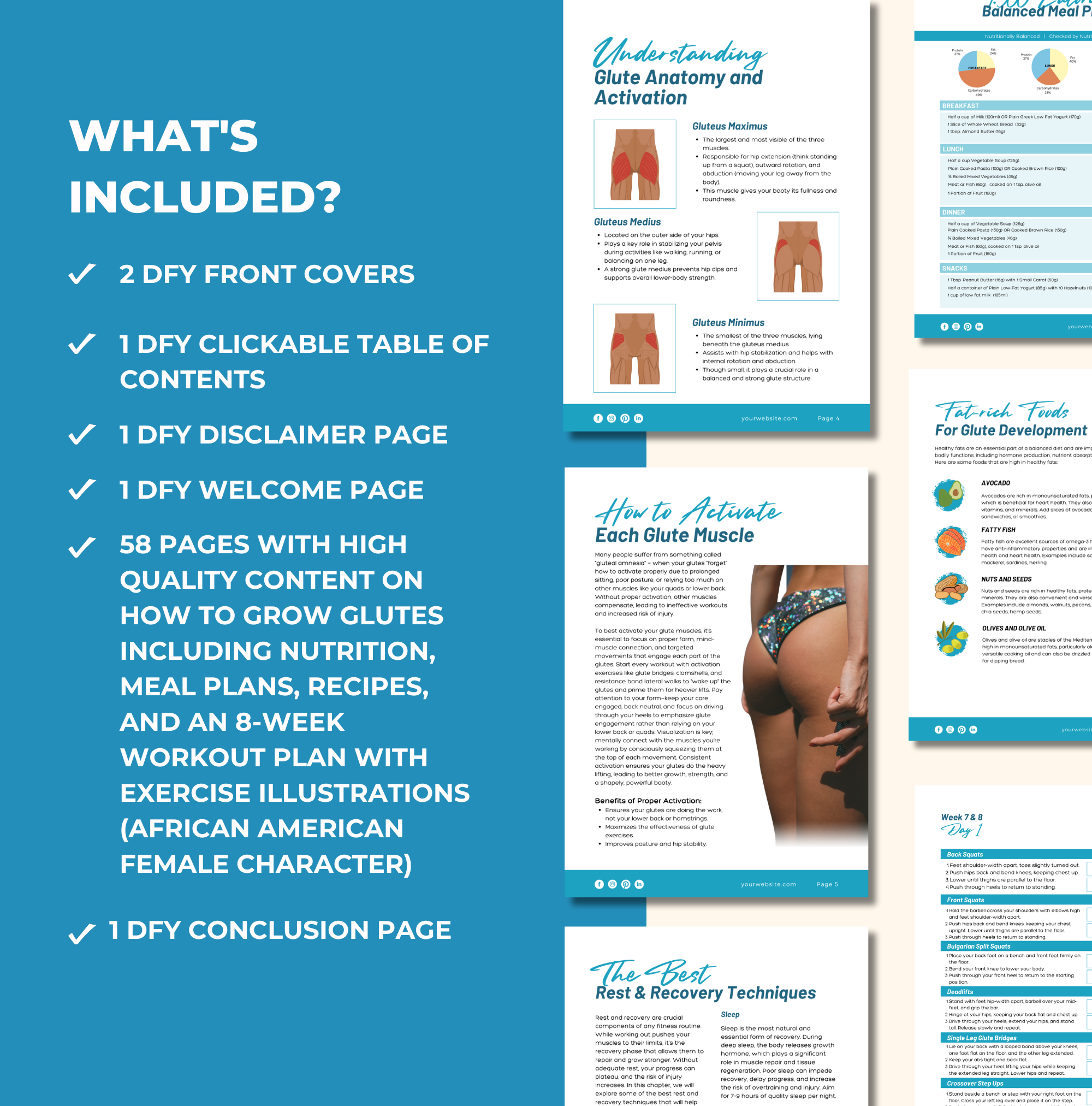 list of pages that are included in this blue 8-Week Bootylicious Workout Program, PLR Digital Product, Canva eBook Template