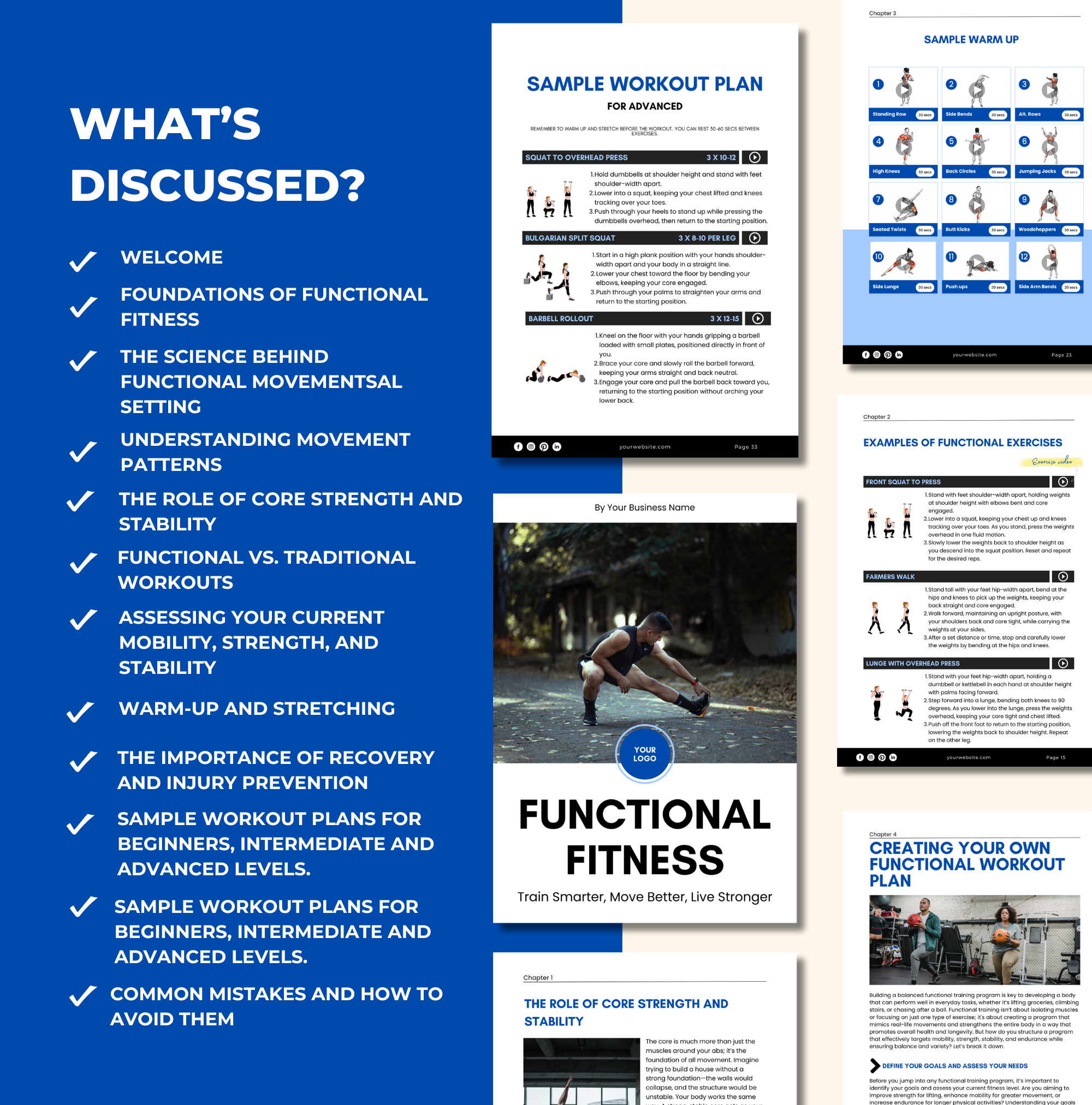List of chapters included with this Functional Fitness Guide, Canva eBook Template, PLR Digital Product