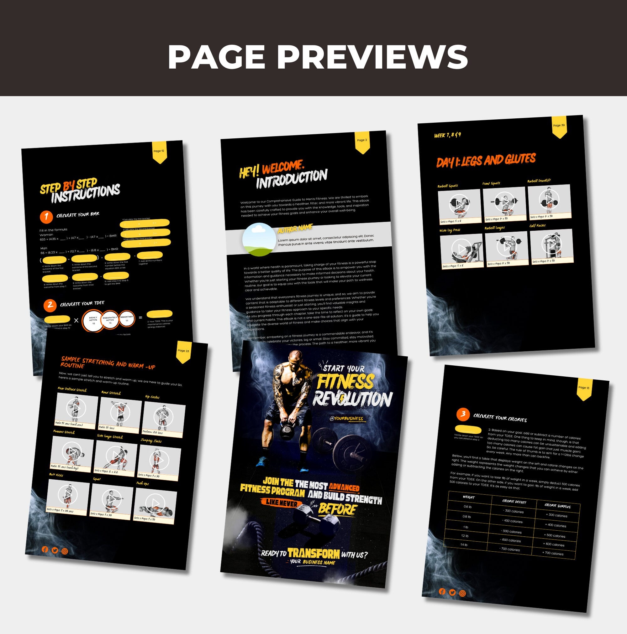 page previews in this 12-week Fitness Program for Men, PLR Digital Product, Canva Fitness Template