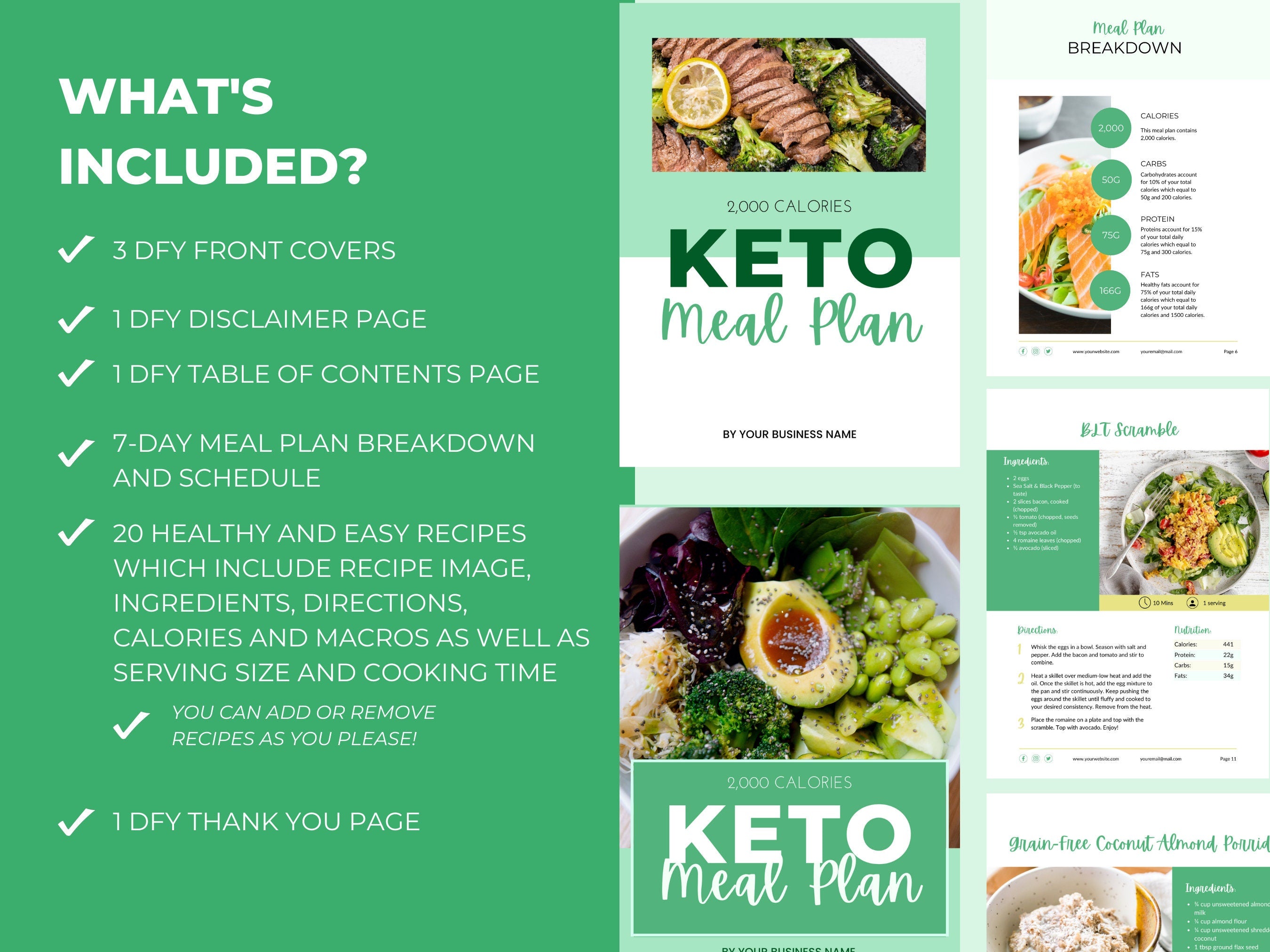 pages and content included in the 7 day keto meal plan template, PLR digital product