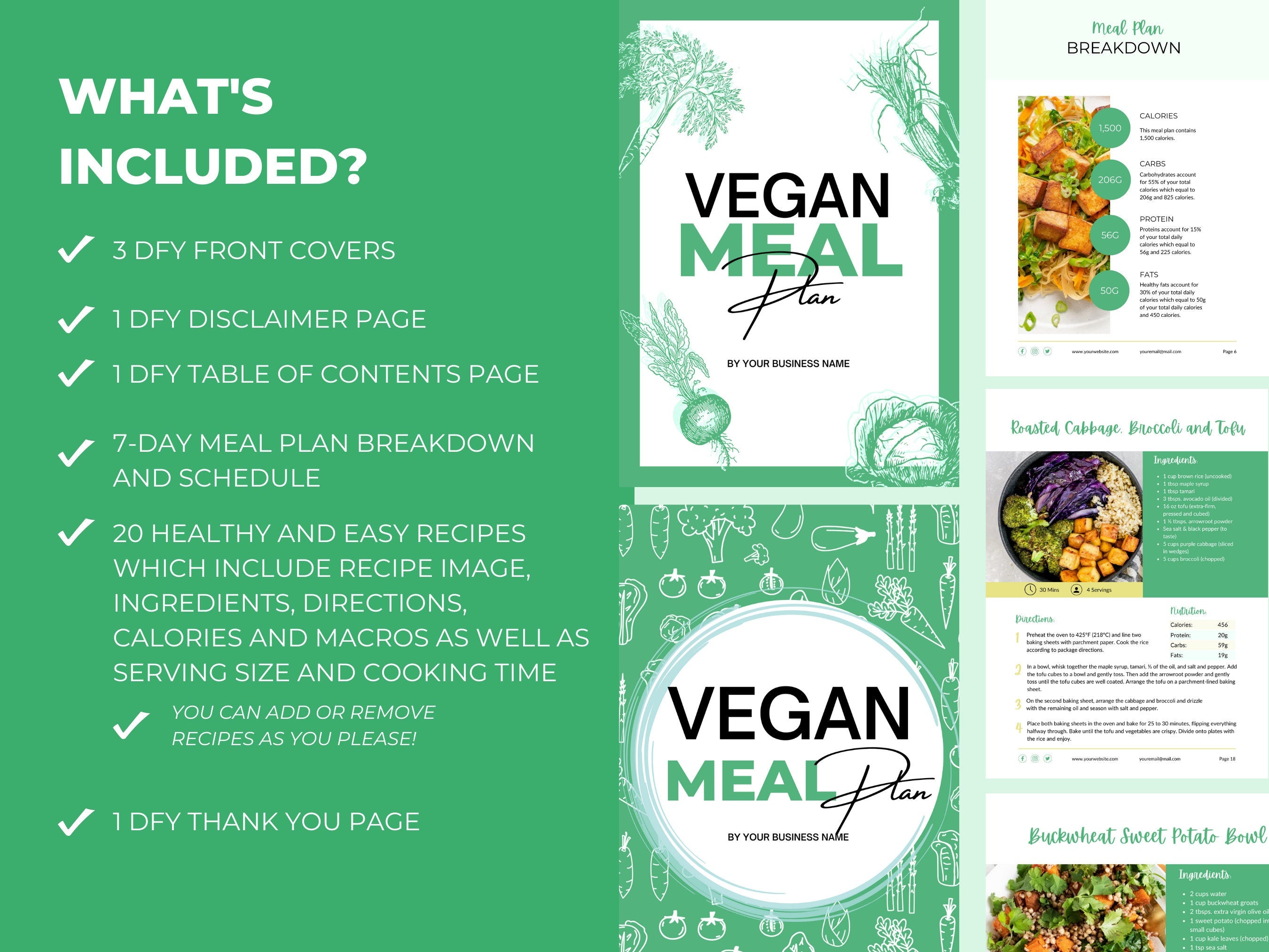 preview of pages and content included in this 7 day vegan meal template, PLR digital product plan