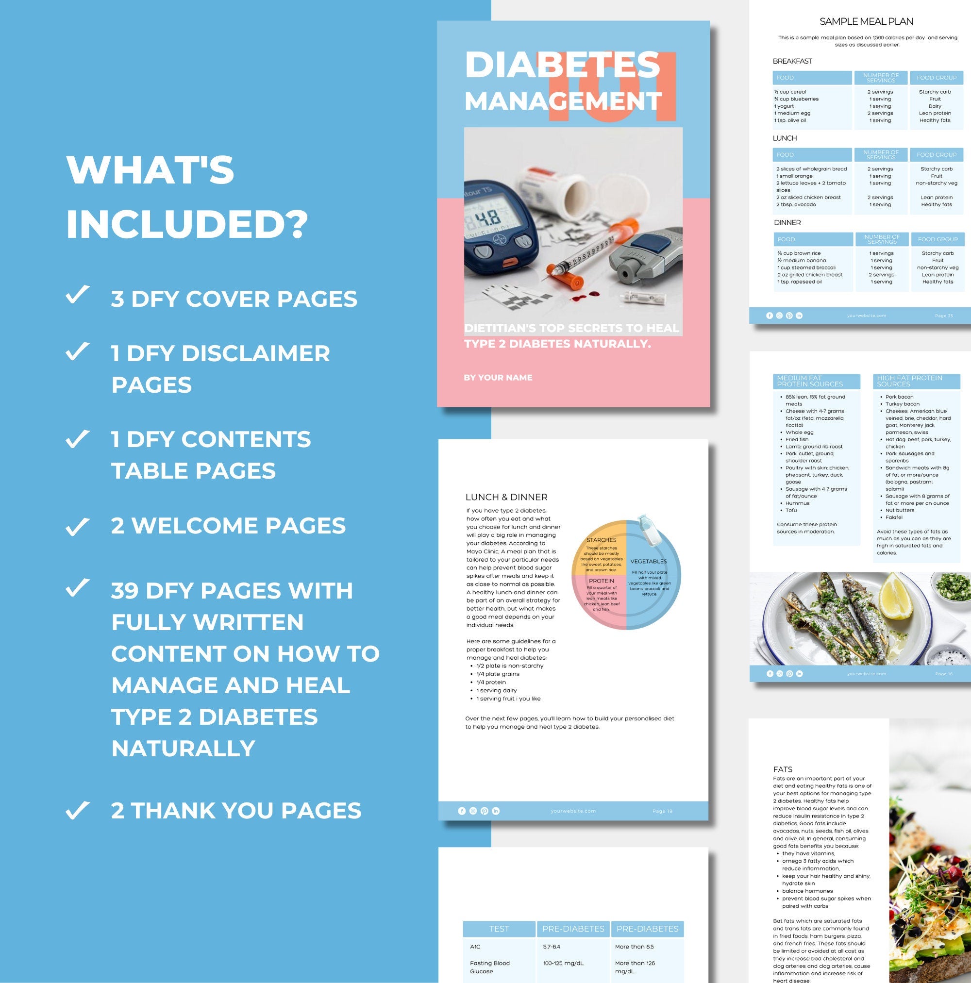 pages and content included in this canva eBoook template about type two diabetes management, plr digital product