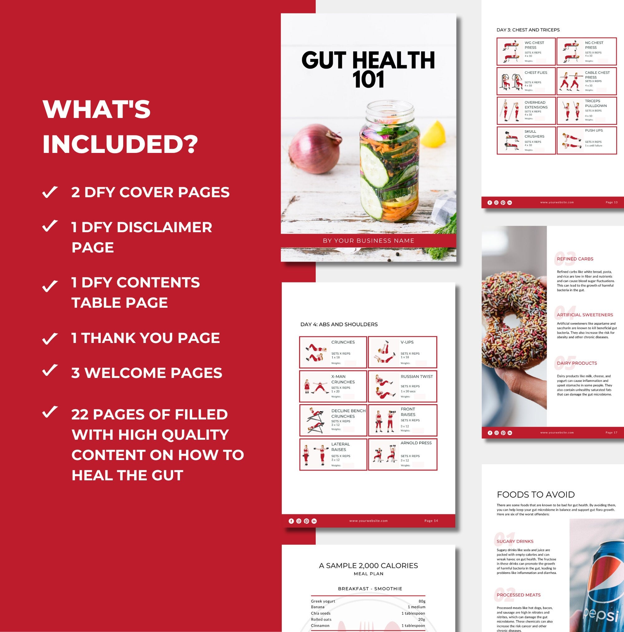 pages and content included in this gut health 101 guide, canva eBook template, PLR digital product
