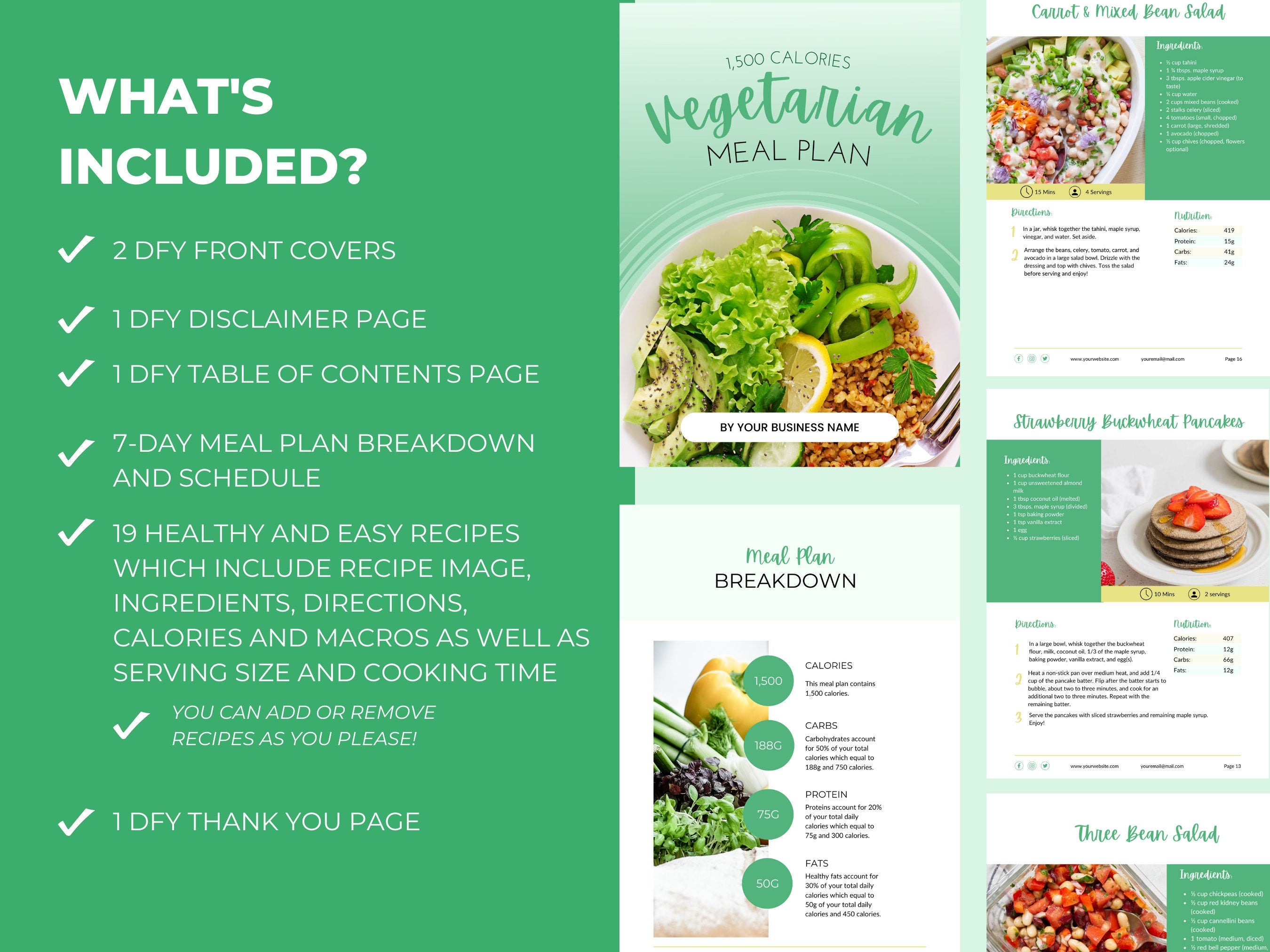 preview of pages and content included in this vegetarian meal plan template, PLR digital product