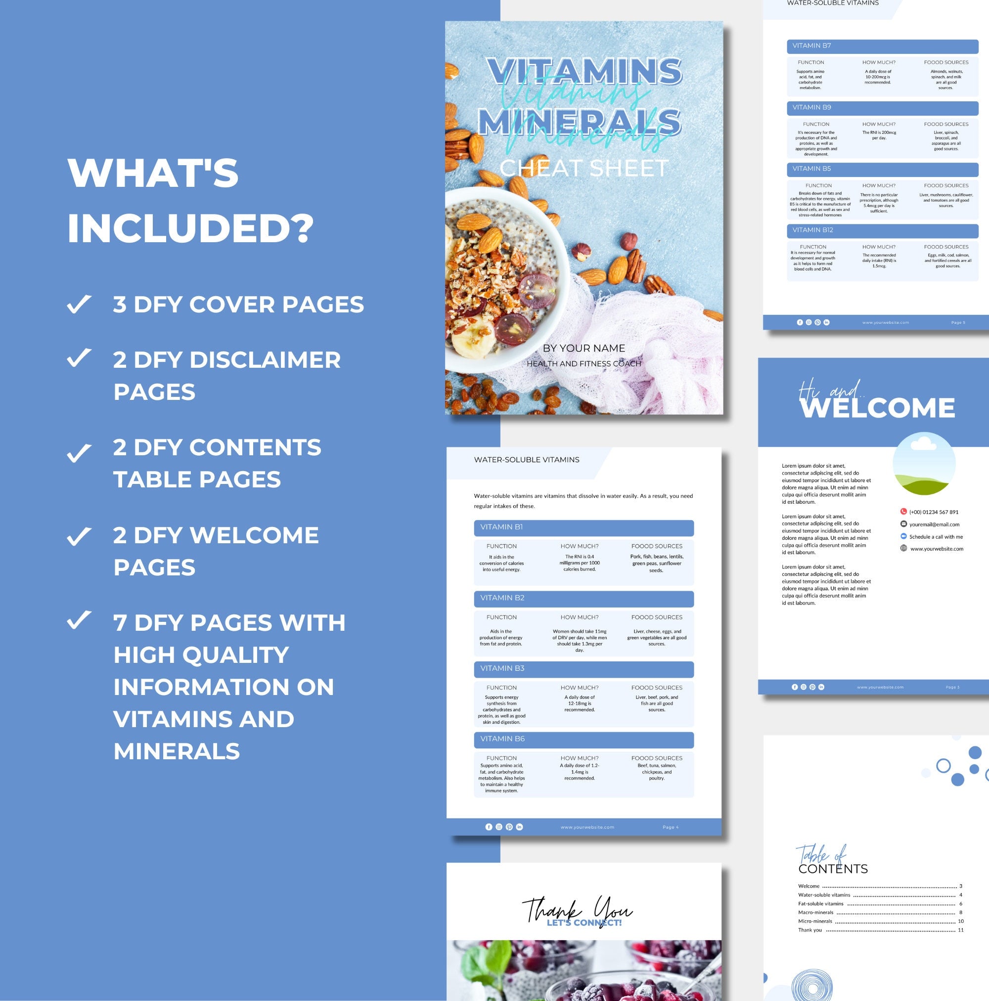 pages and content included in this vitamins and mineral cheat sheet, Canva eBook template, PLR digital product