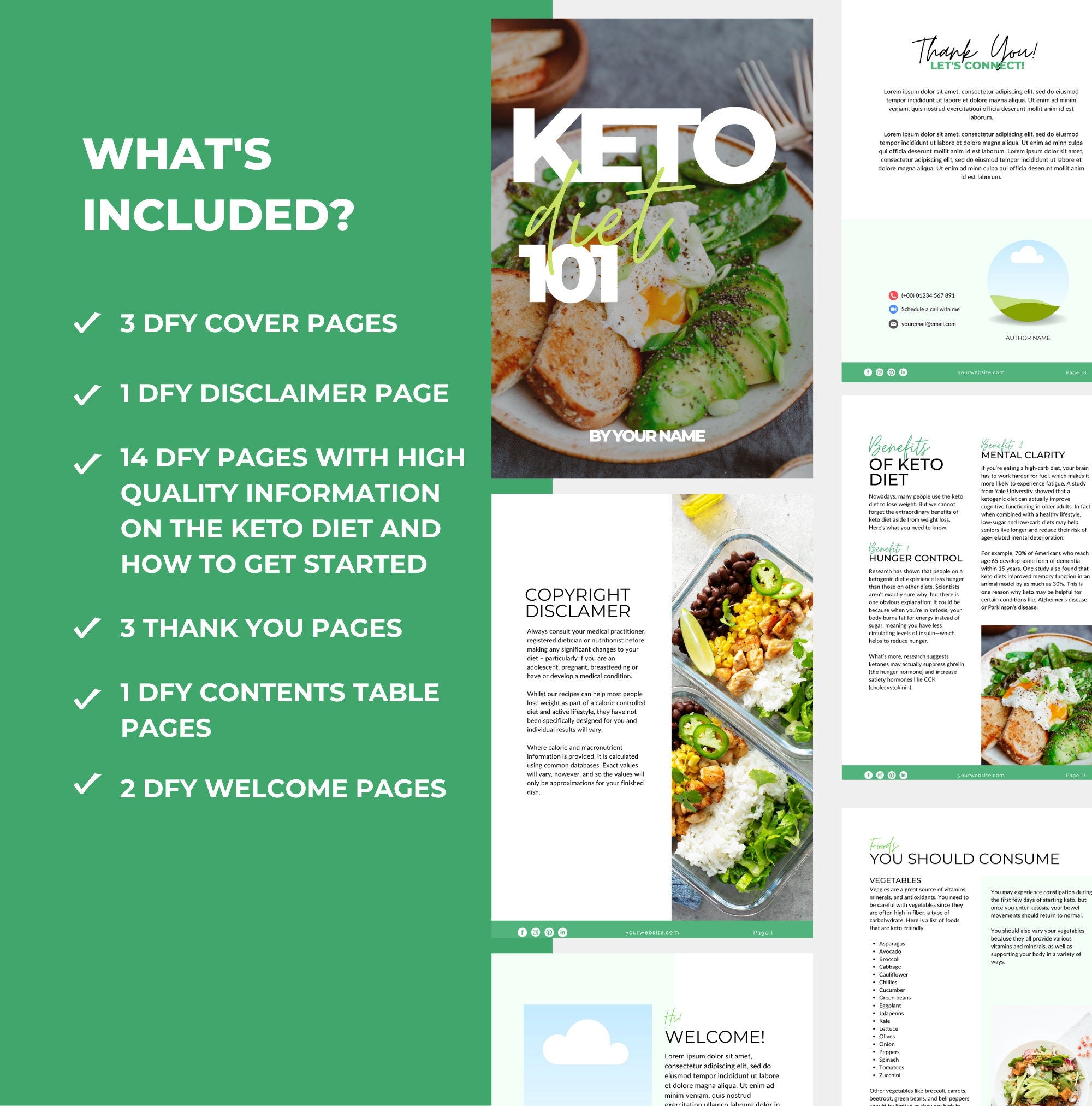 pages that are included in this keto diet 101 guide, canva eBook template, PLR digital product