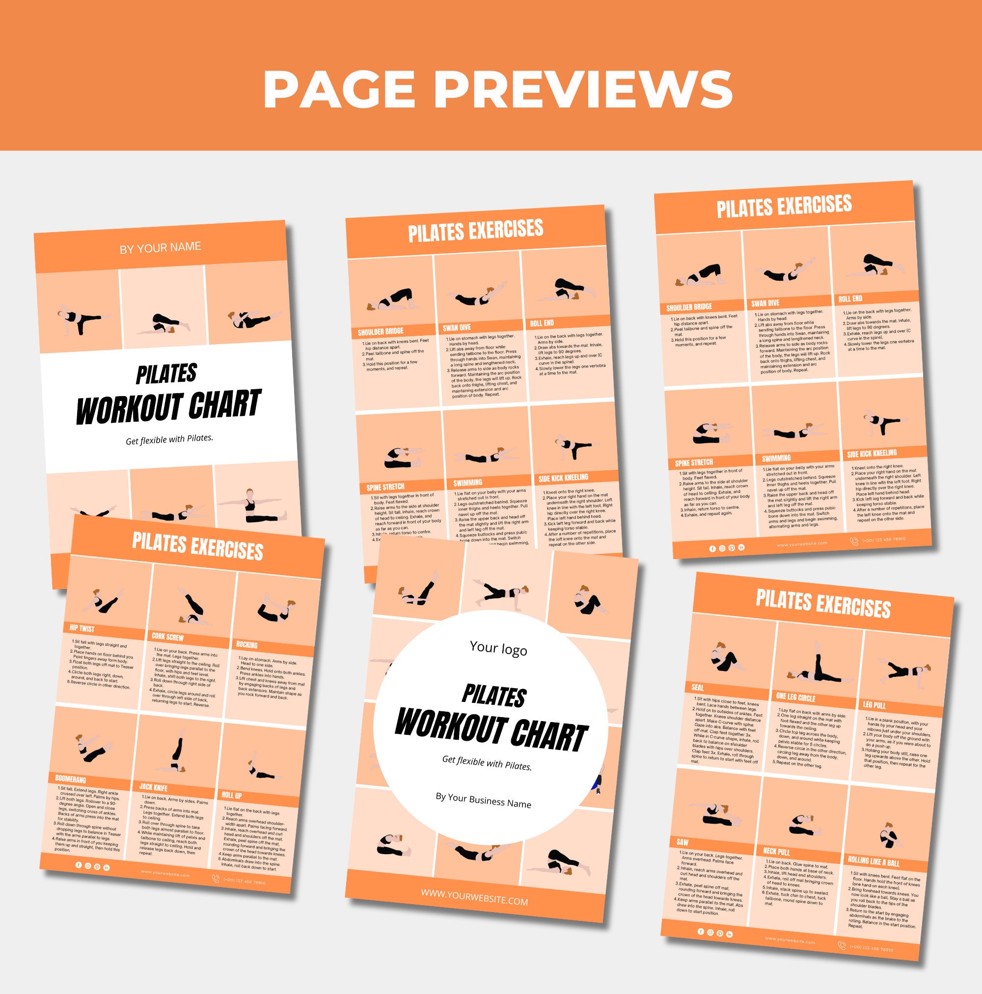 prevew of various pages from the pilates workout chart, canba ebook template, plr digital product