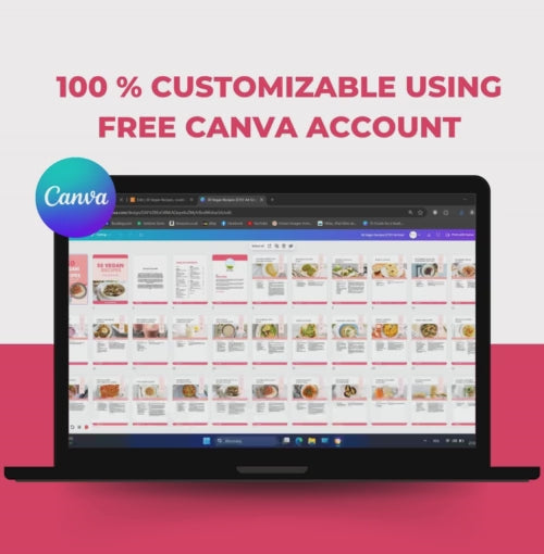 preview of the whole 30 Vegan Recipes, PLR Digital Product, Canva Cookbook Template