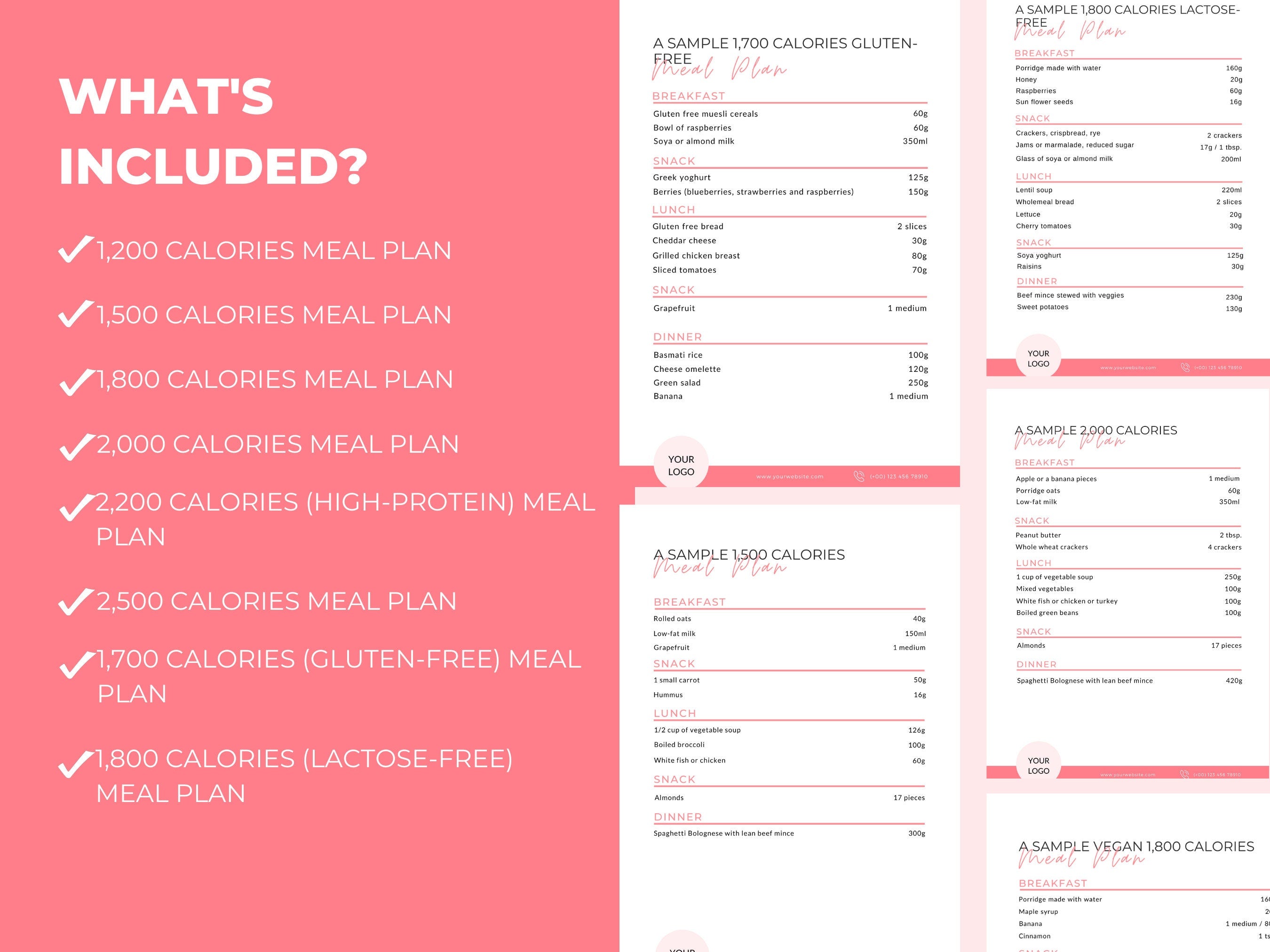 preview  of 8 sample meal plans included in this PLR digital product bundle