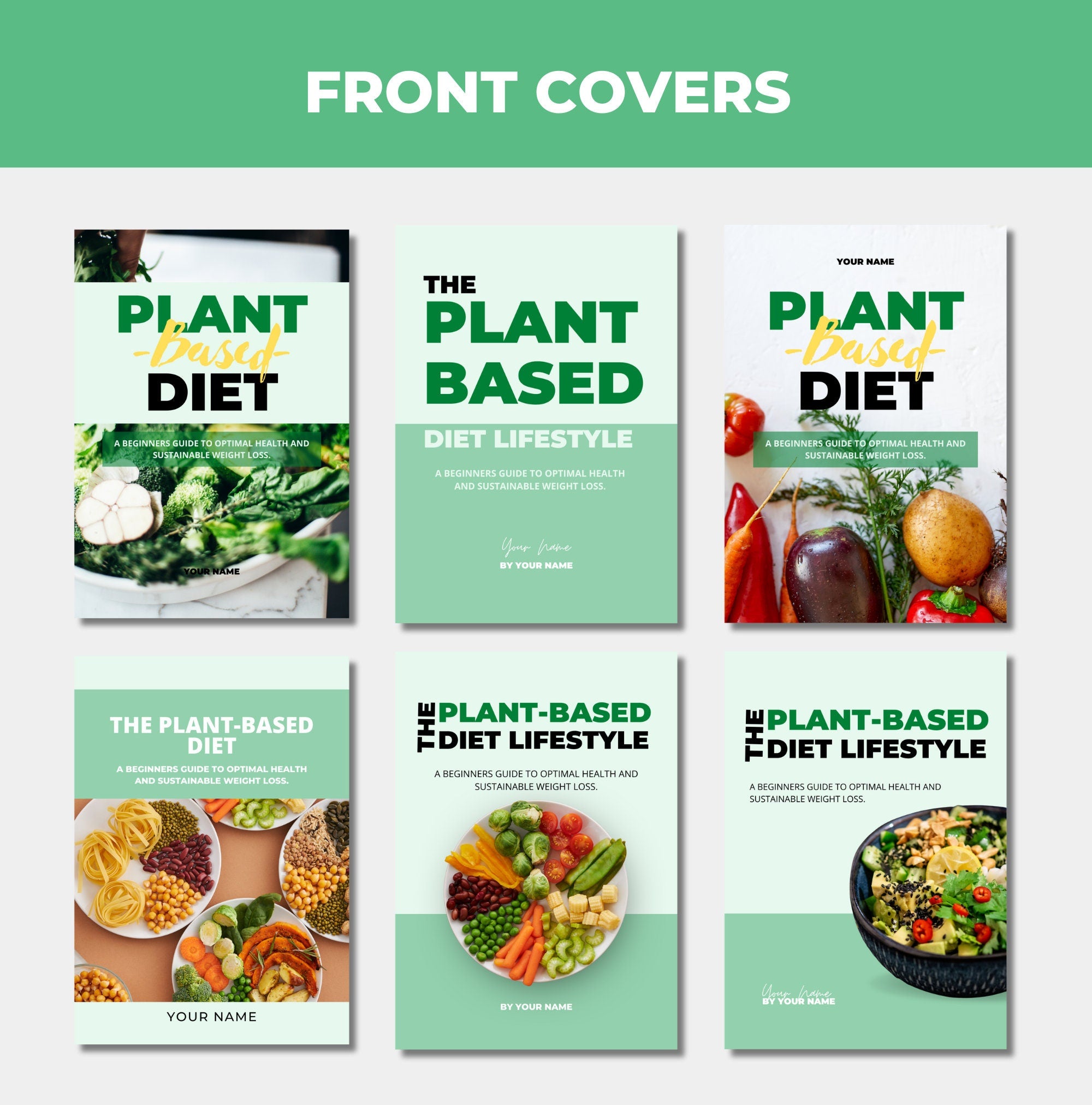 preview of all front cover designs included with this plant based diet guide, cxanva eBoook template, plr digital product
