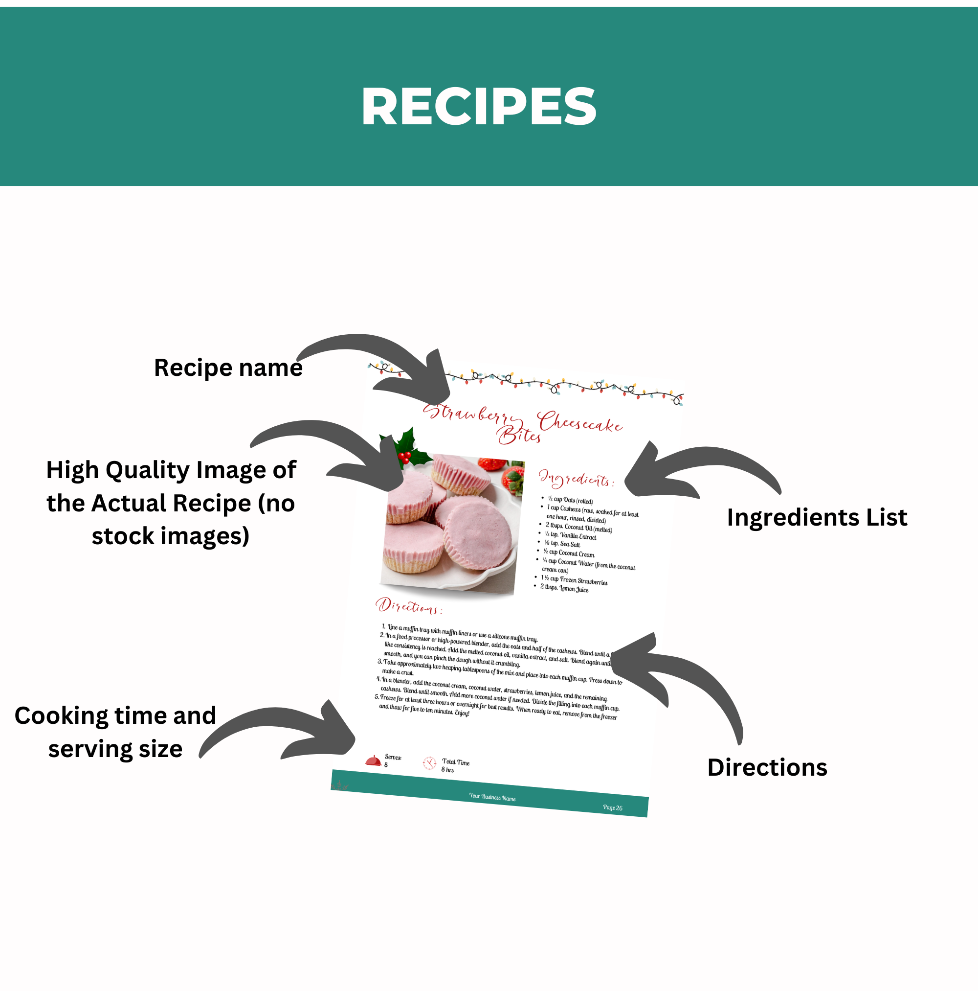 preview of chriistmas recipe in this cookbook template, PLR digital product