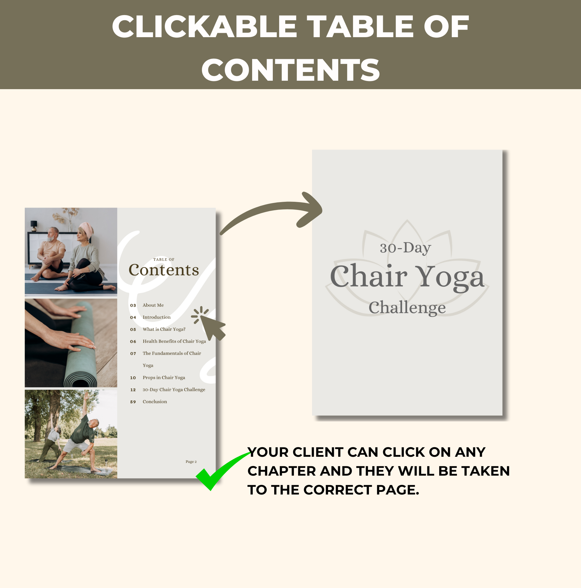 preview of clickable table of contents  found in this 30-Day Chair Yoga Challenge, Canva eBook Template, PLR Digital Product