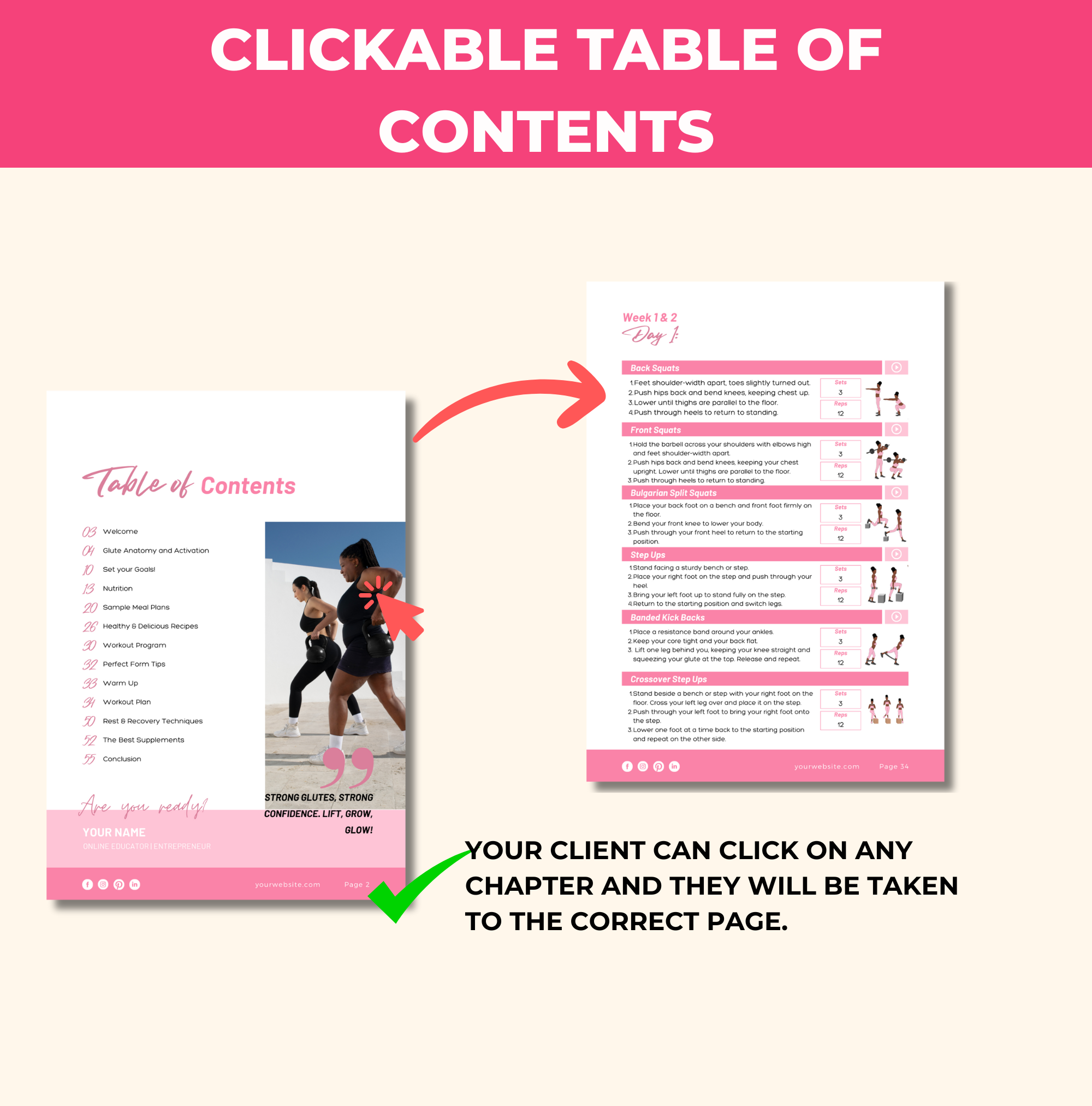 preview of clickable table of contents in this 8-Week Bootylicious Workout Program, PLR Digital Product, Canva eBook Template